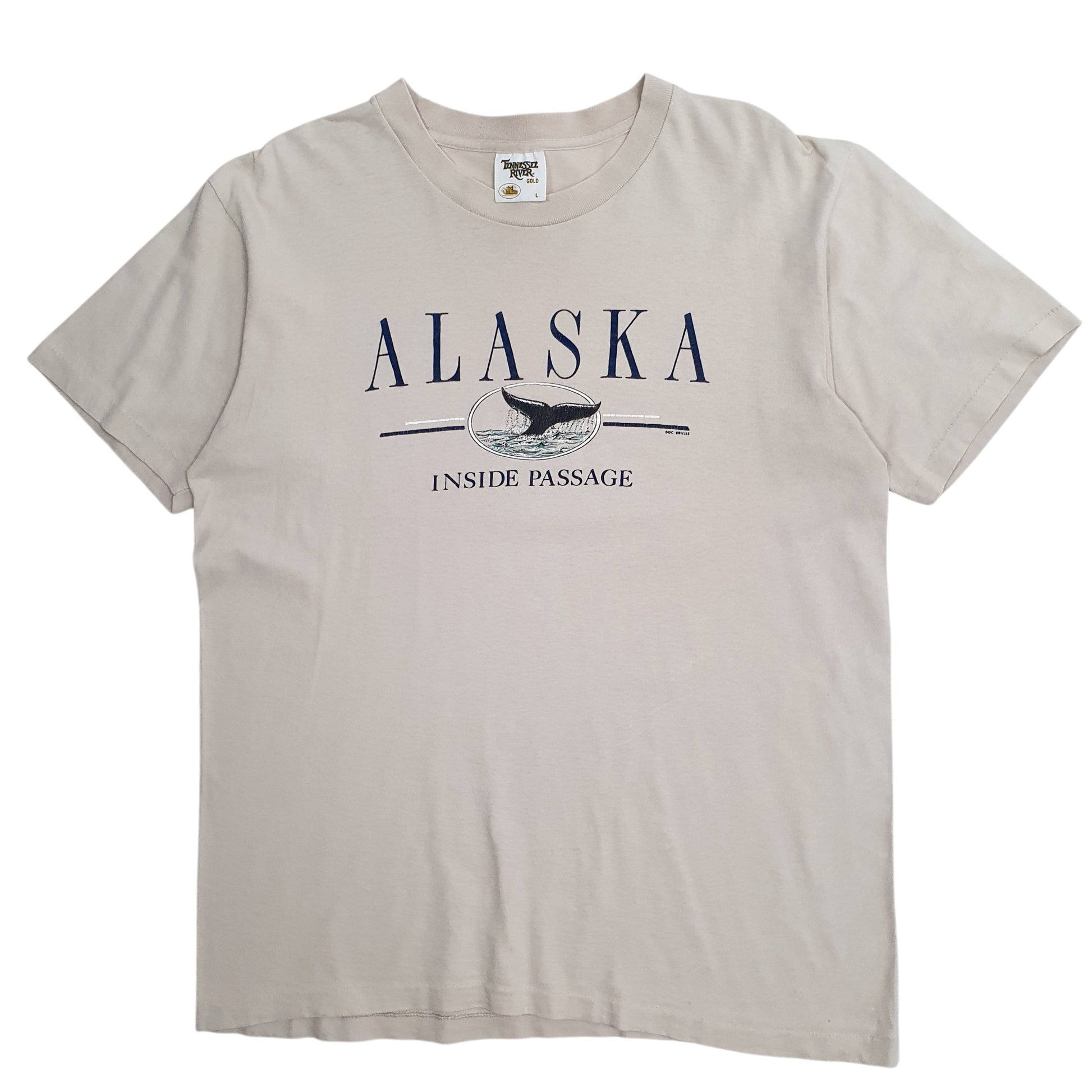 Mens Beige Tennessee River Single Stitch Vintage 90s Alaska Short Sleeve T Shirt