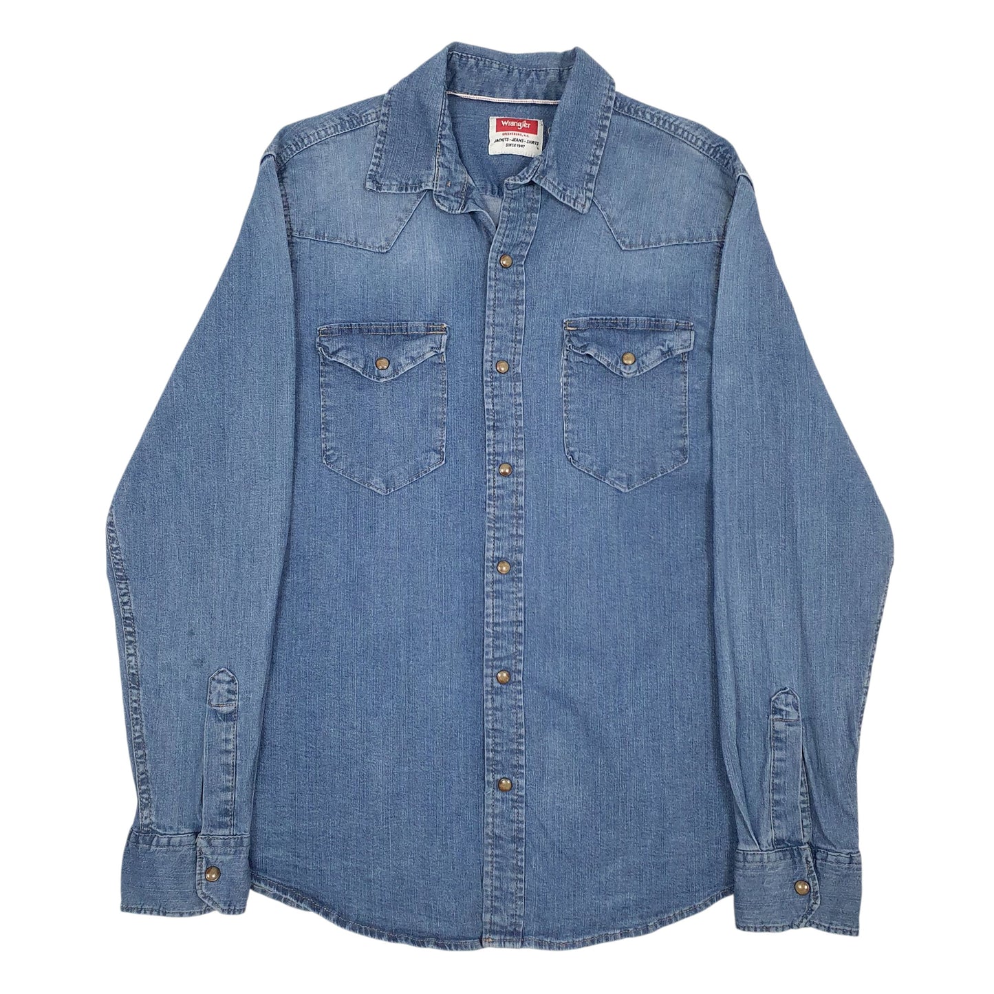 Mens Blue Wrangler Denim Pearl Snap Long Sleeve Shirt