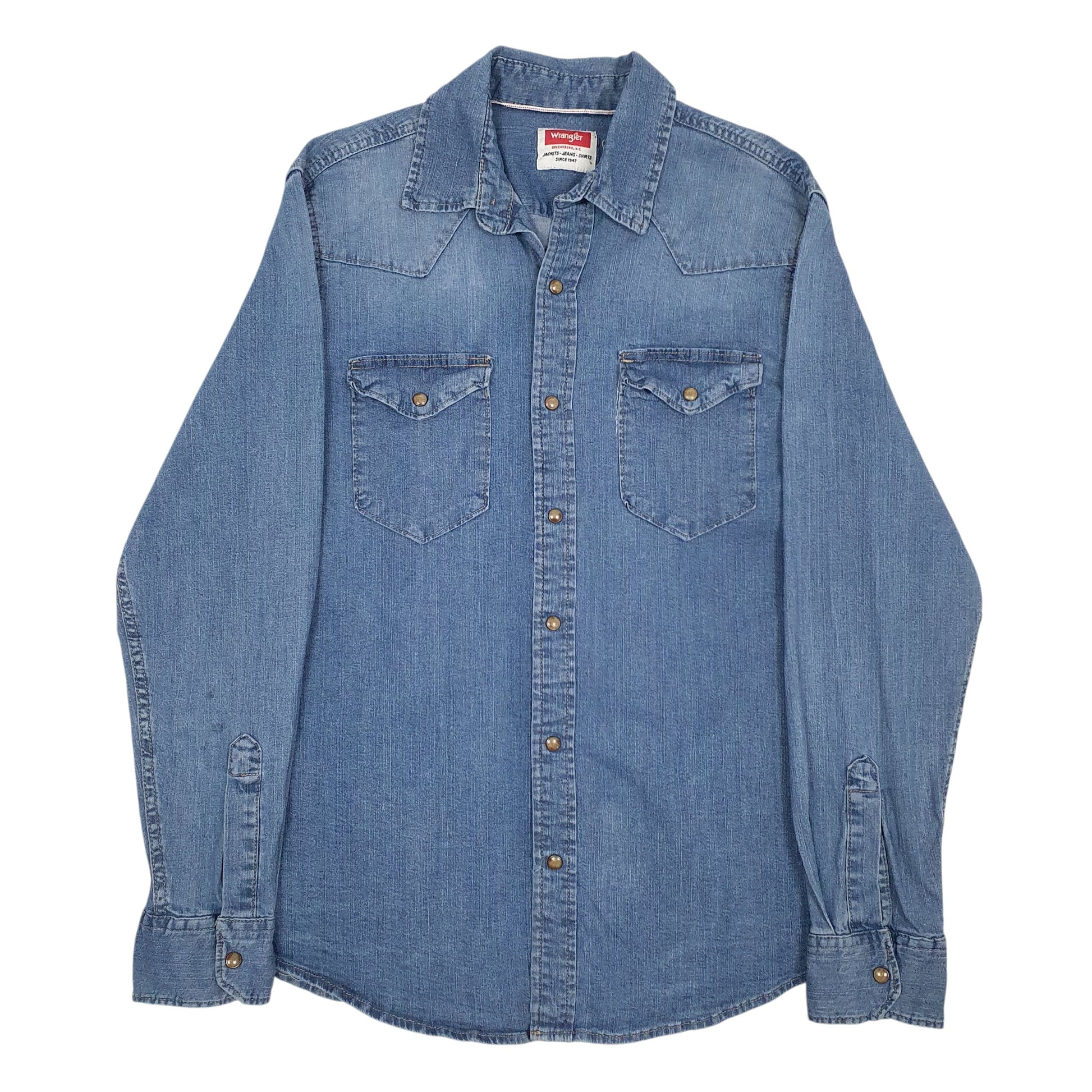 Mens Blue Wrangler Denim Pearl Snap Long Sleeve Shirt