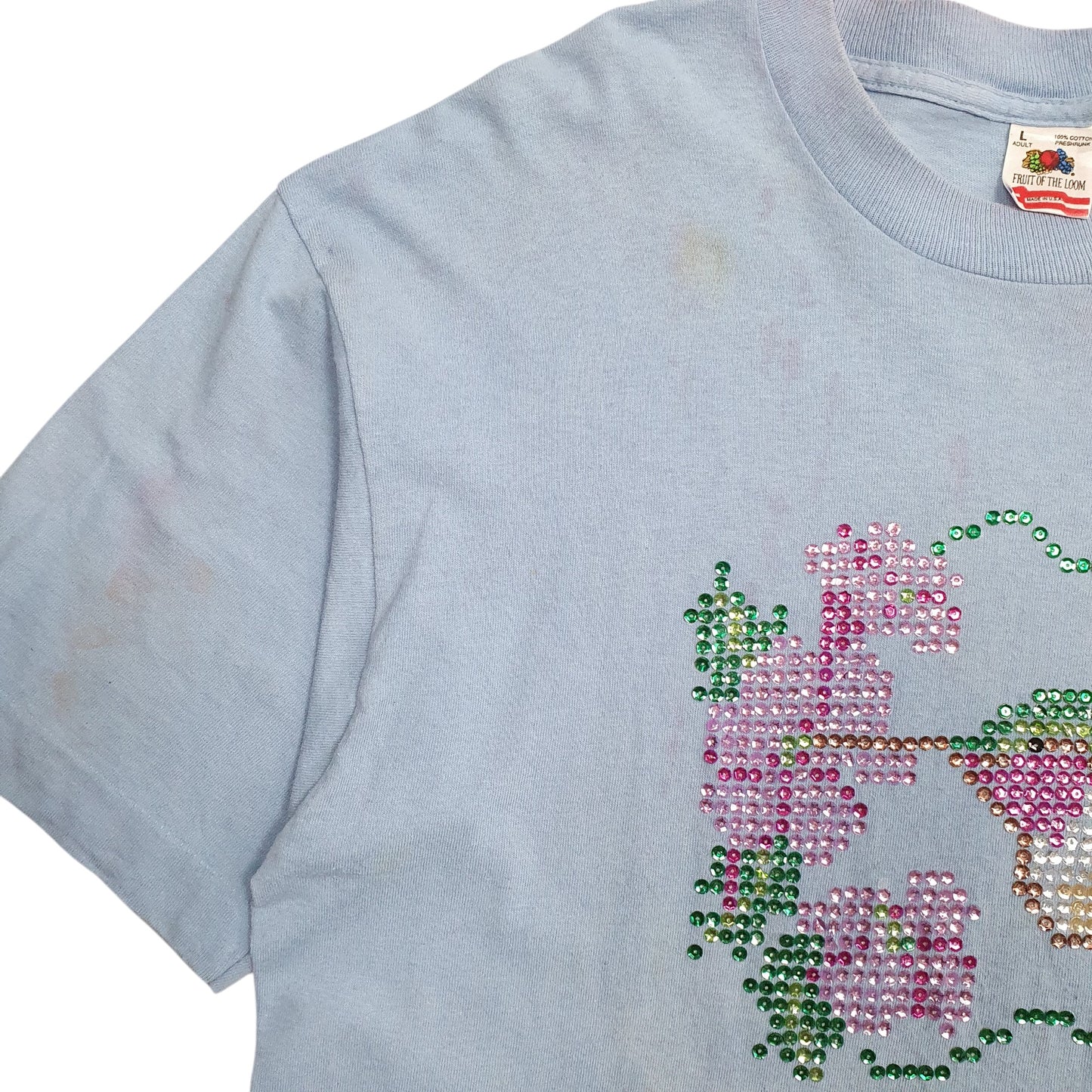 Mens Blue Fruit Of The Loom Single Stitch Vintage 90s Sequins  T Shirt