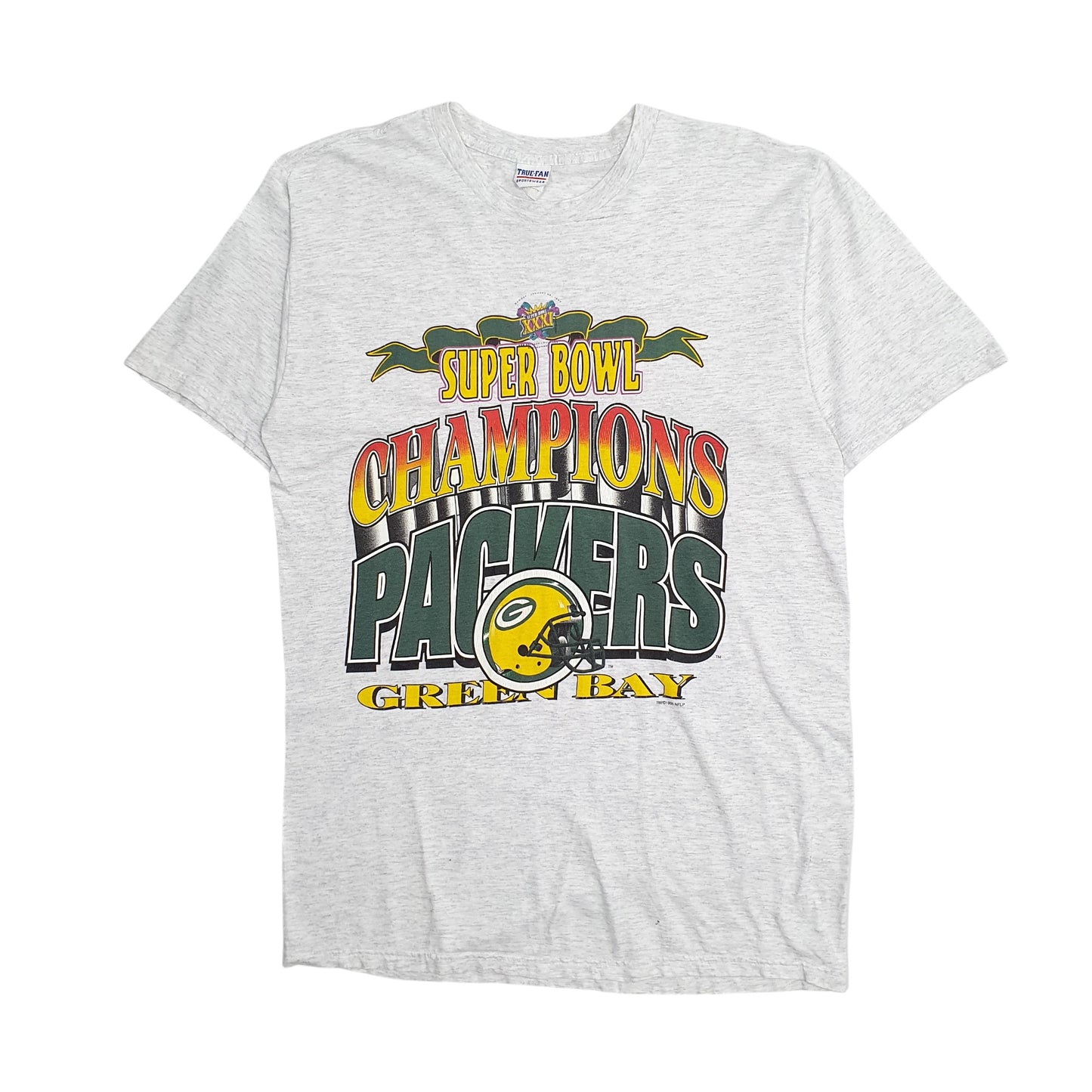 Mens Grey True Fan Single Stitch Vintage 90s Green Bay Packers NFL Superbowl Short Sleeve T Shirt