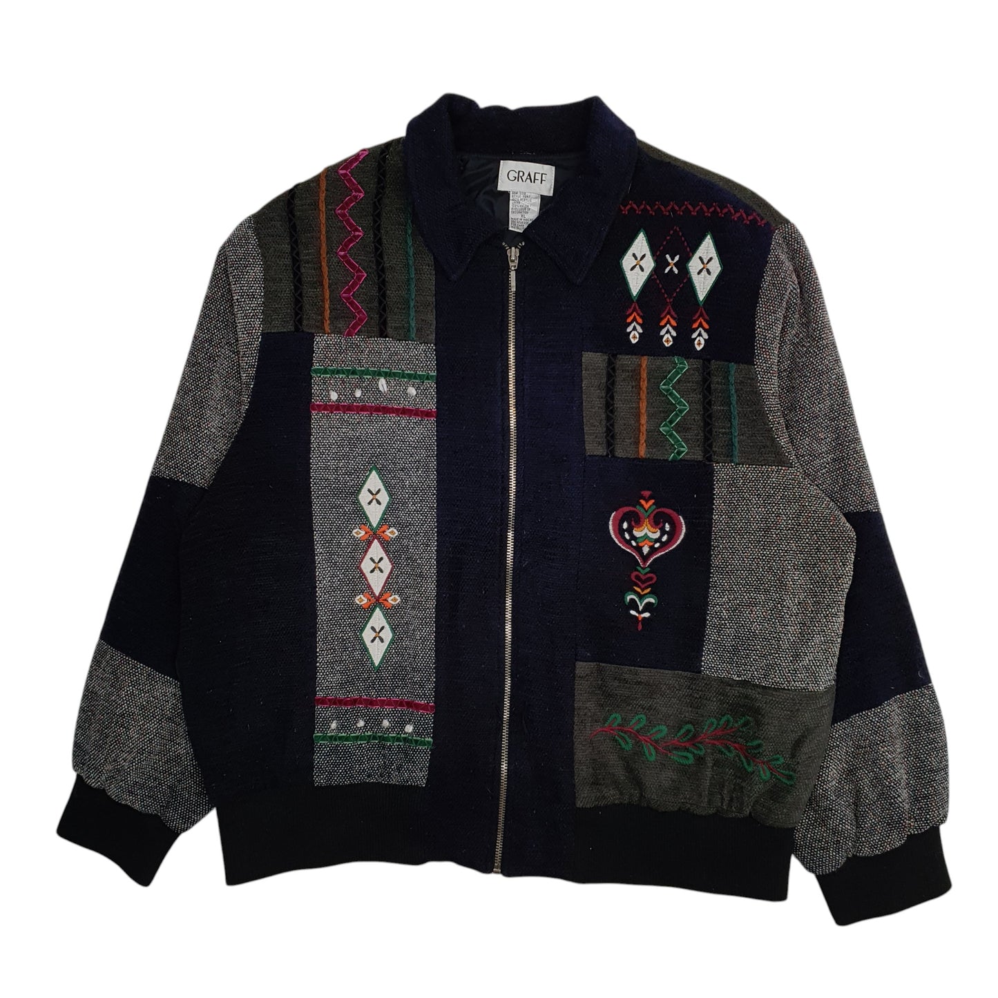 Mens Navy Graff Vintage 90s Patchwork Bomber Full Zip Coat