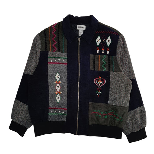 Mens Navy Graff Vintage 90s Patchwork Bomber Full Zip Coat