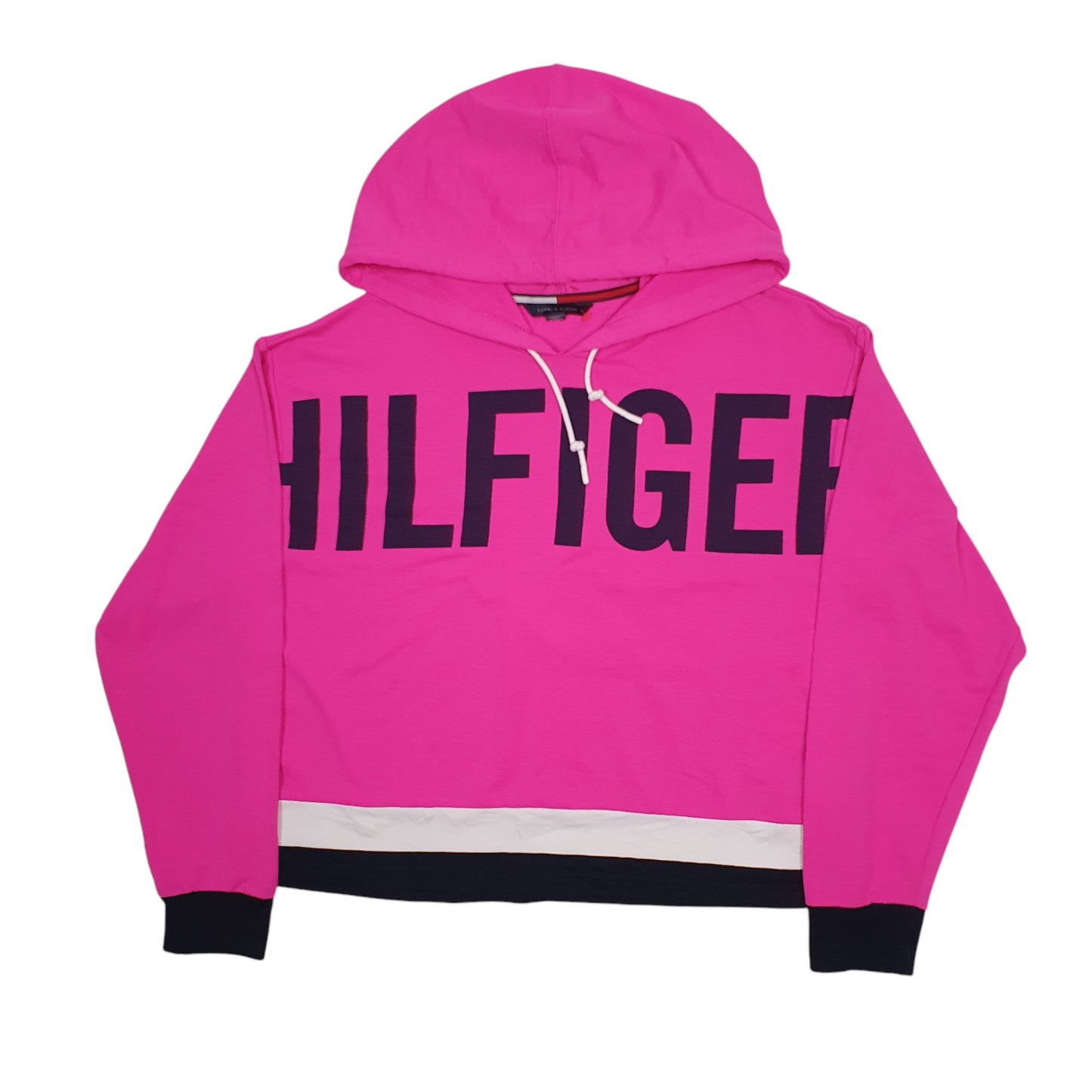 Womens Pink Tommy Hilfiger Crop Top Baggy Spellout Hoodie Jumper
