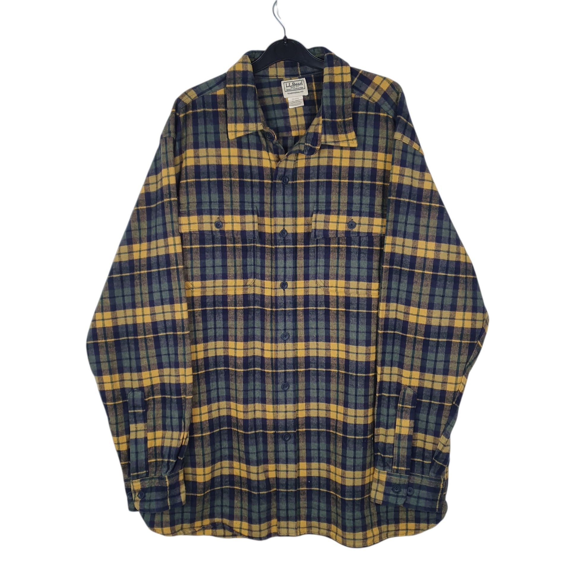 Mens Navy L.L.Bean Thick Flannel Plaid Chamois Long Sleeve Shirt