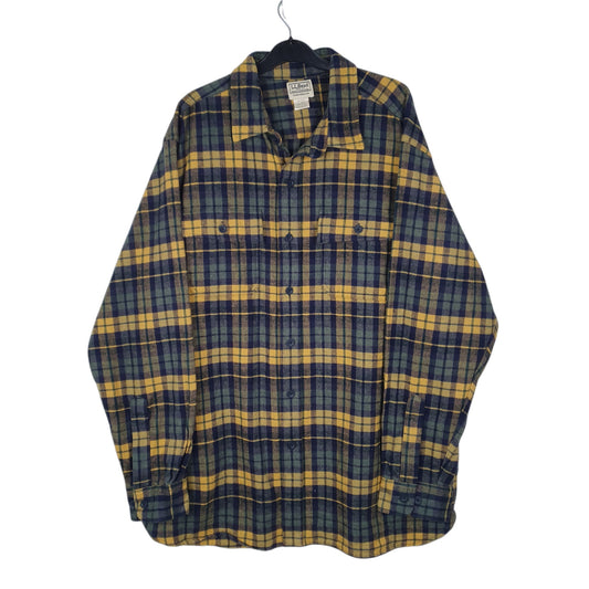 Mens Navy L.L.Bean Thick Flannel Plaid Chamois Long Sleeve Shirt