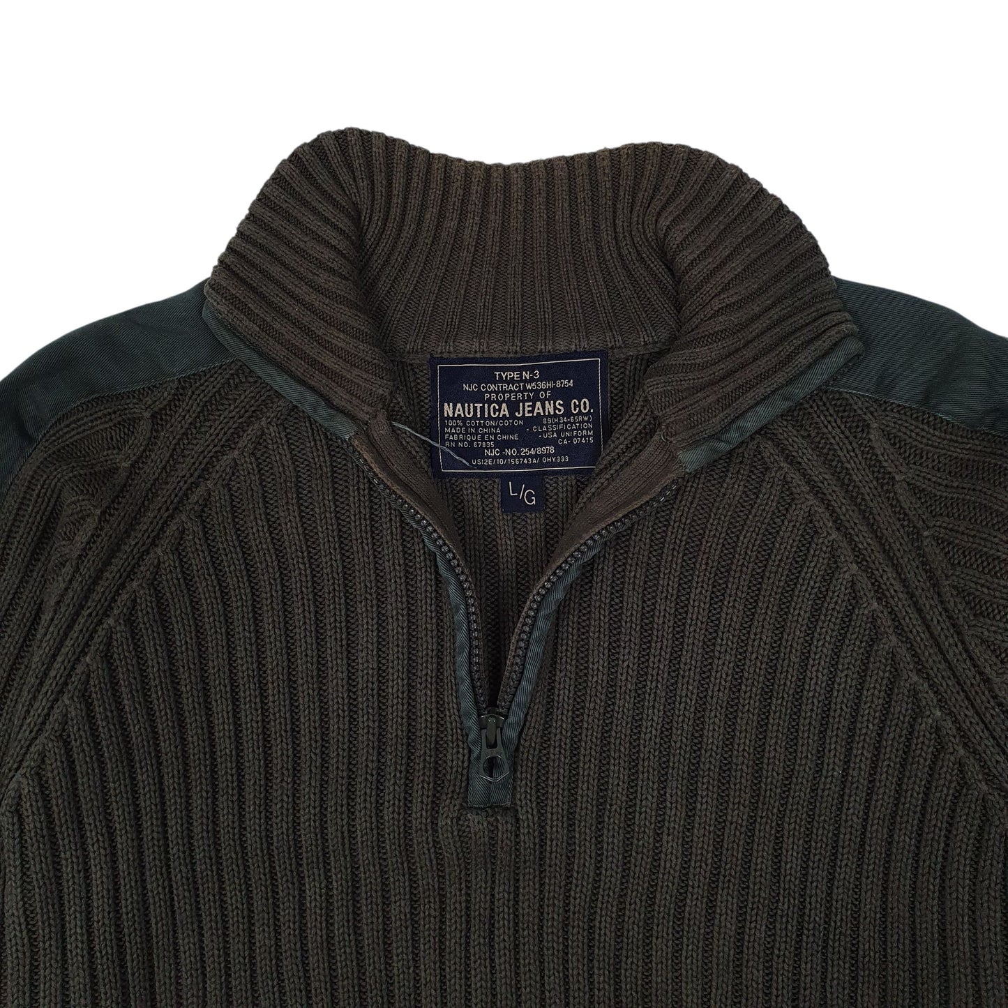 Mens Green Nautica Military Ribbed Cable Knit Quarter Zip Jumper