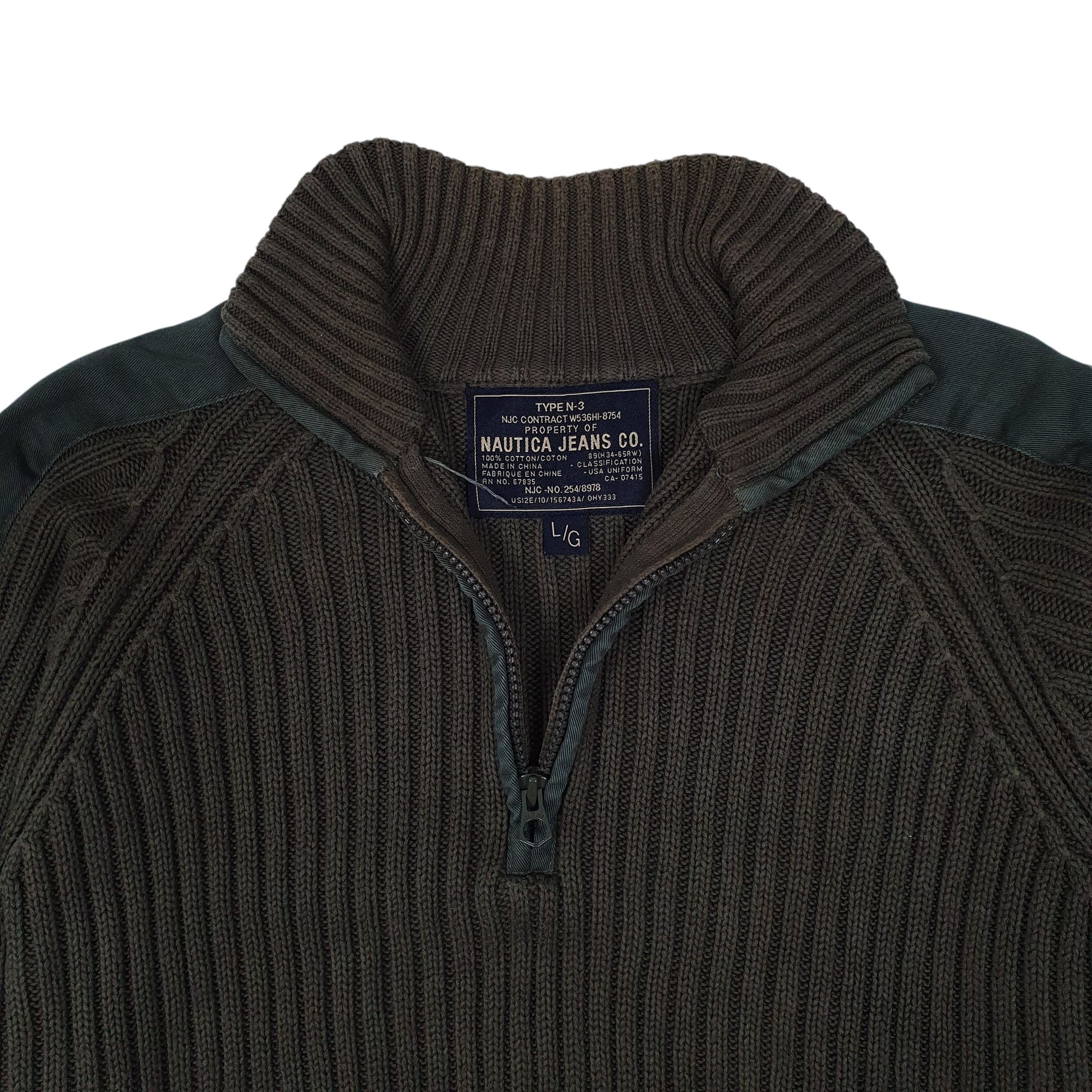 Mens Green Nautica Military Ribbed Cable Knit Quarter Zip Jumper