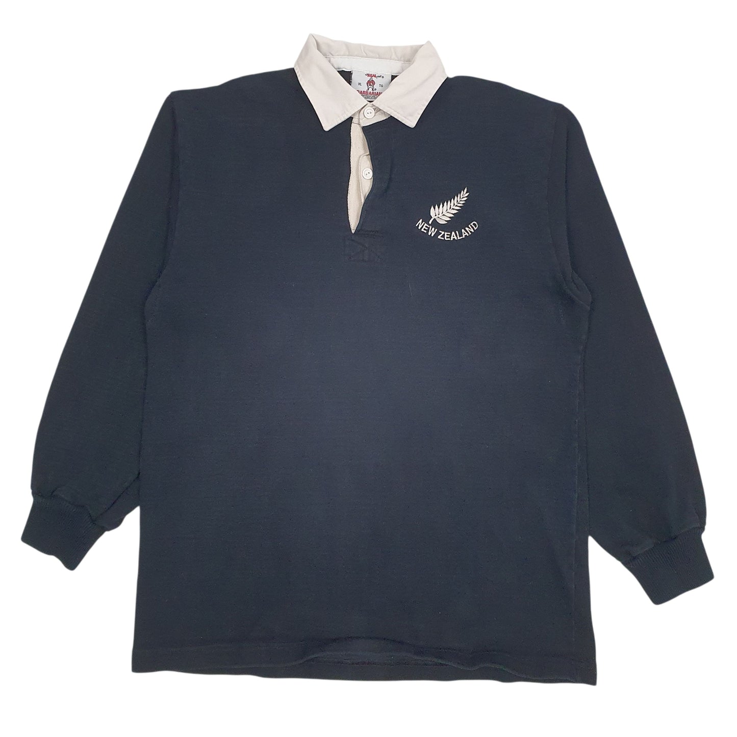 Mens Black Barbarian Vintage 90s New Zealand Rugby Long Sleeve Polo Shirt