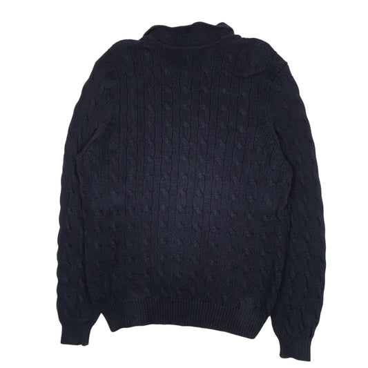 Mens Navy Polo Ralph Lauren Cable Knit Collared Crewneck Jumper