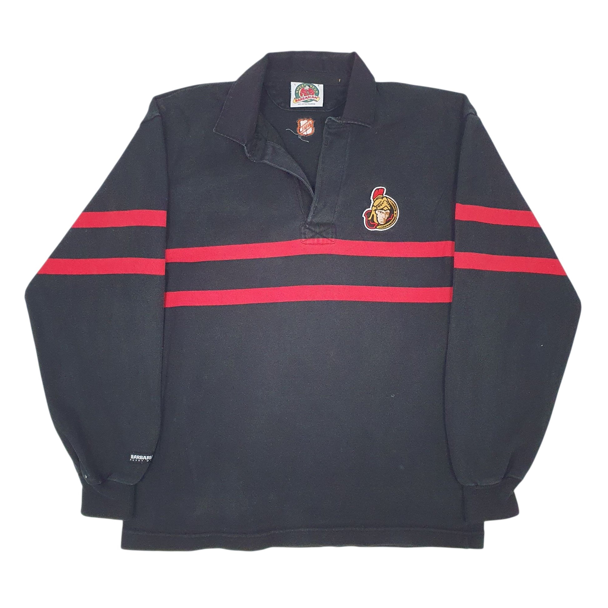 Mens Black Barbarian Rugby NHL Ottawa Senators Long Sleeve Polo Shirt