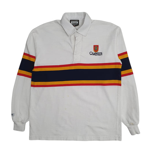 Mens White Barbarian Queens University Rugby Long Sleeve Polo Shirt