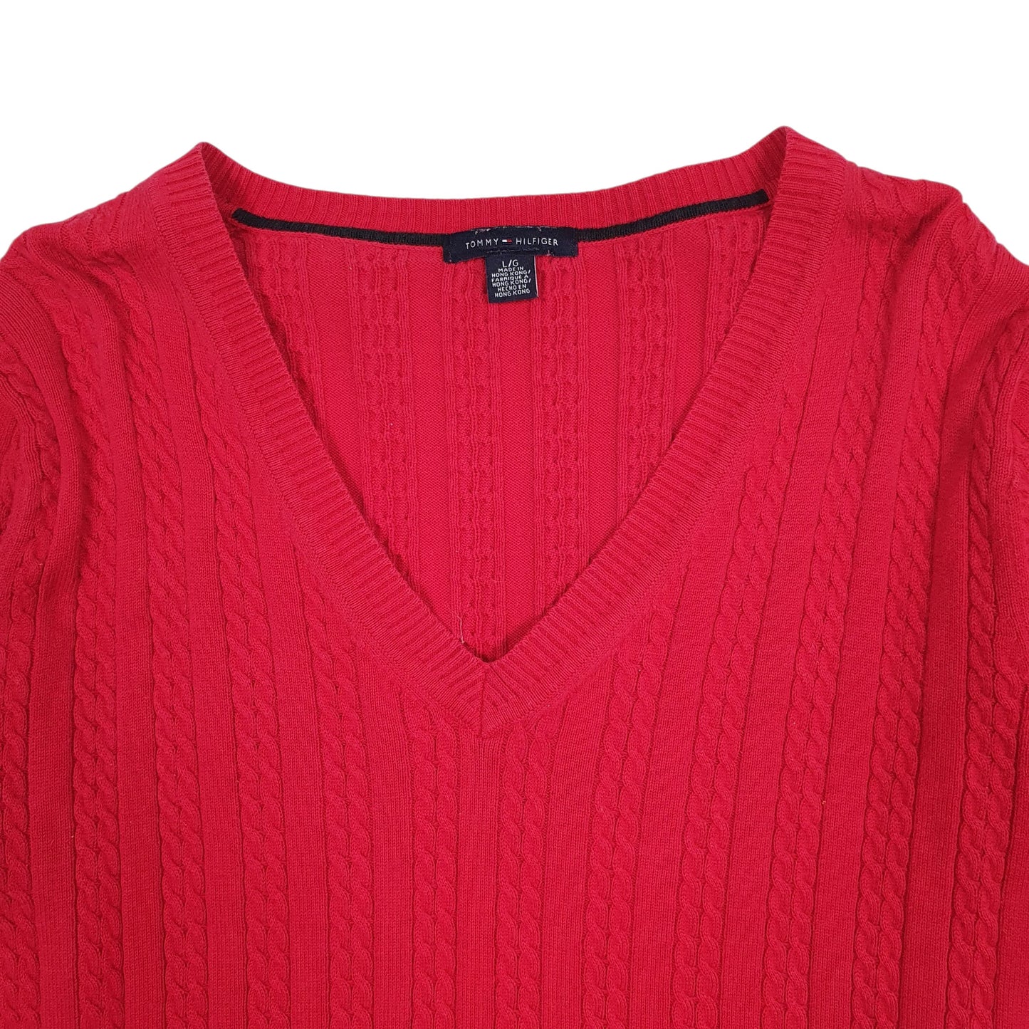 Womens Red Tommy Hilfiger Cable Knit V Neck Jumper