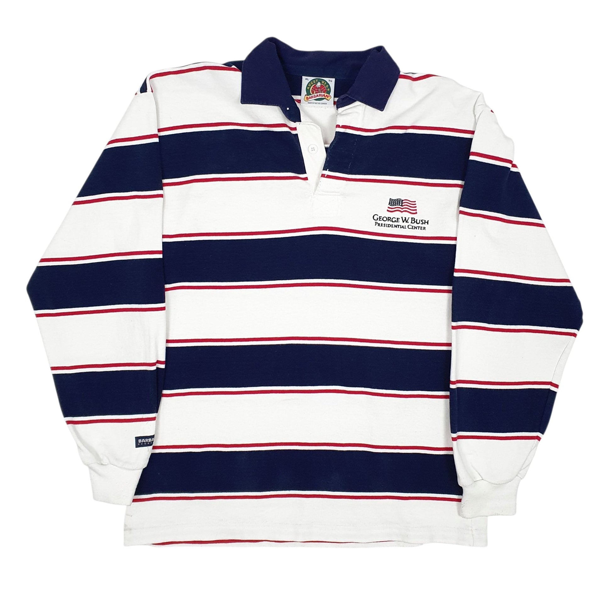 Mens White Barbarian Rugby George W. Bush Long Sleeve Polo Shirt