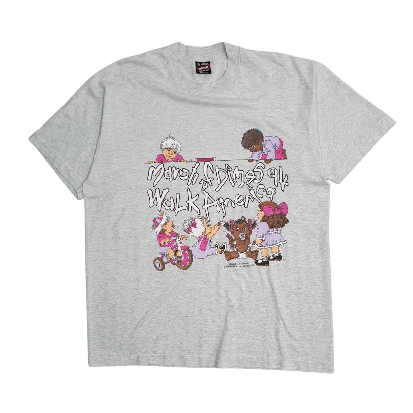 Mens Grey Fruit of the Loom Single Stitch Vintage 90s March of Dimes Short Sleeve T Shirt