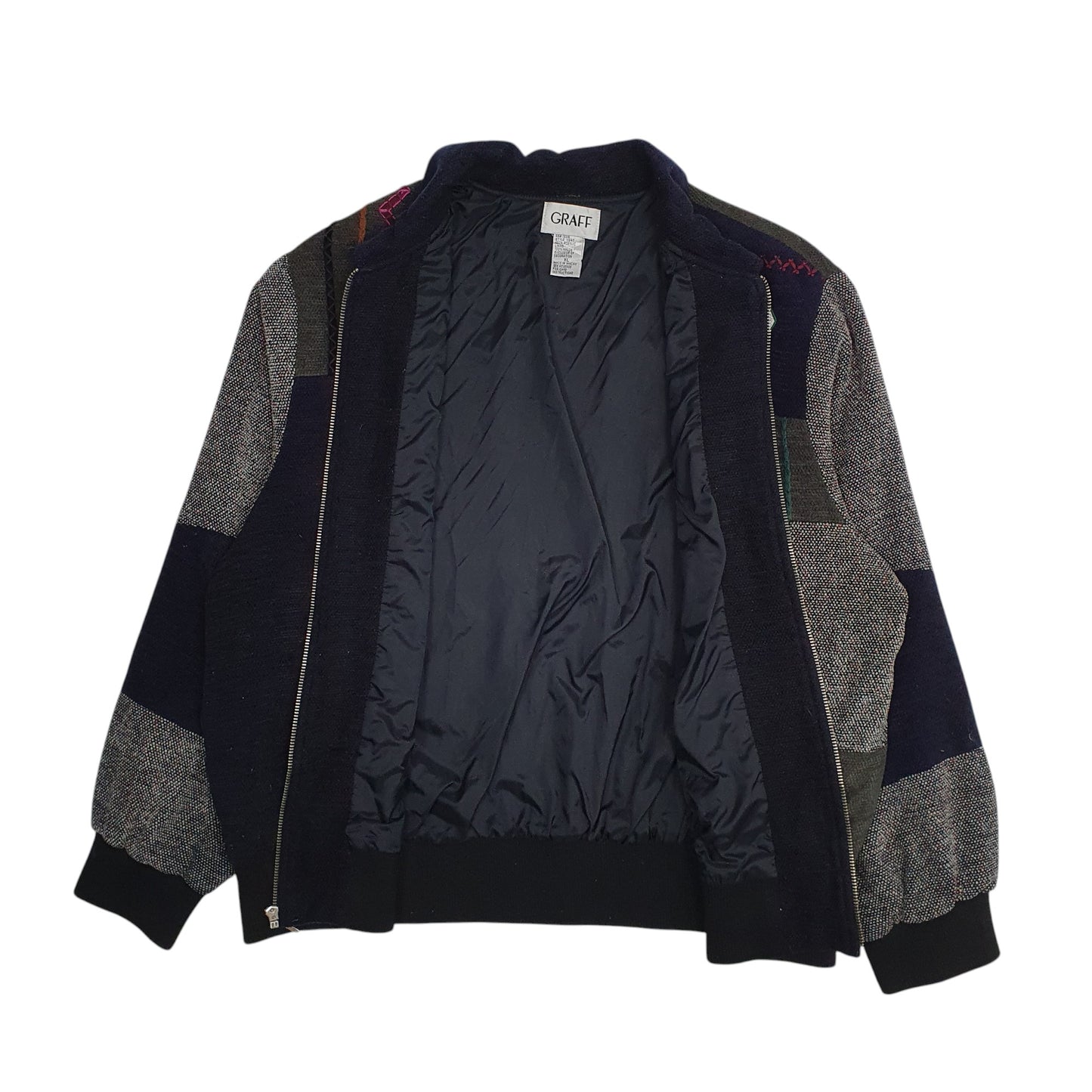Mens Navy Graff Vintage 90s Patchwork Bomber Full Zip Coat