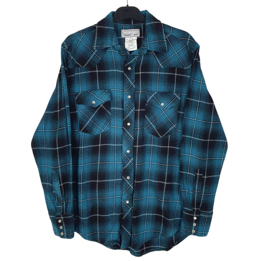 Mens Blue Wrangler Pearl Snap Wrancher Long Sleeve Shirt