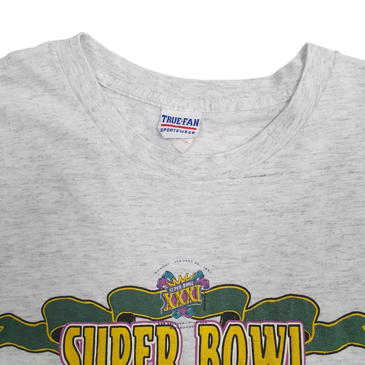 Mens Grey True Fan Single Stitch Vintage 90s Green Bay Packers NFL Superbowl  T Shirt