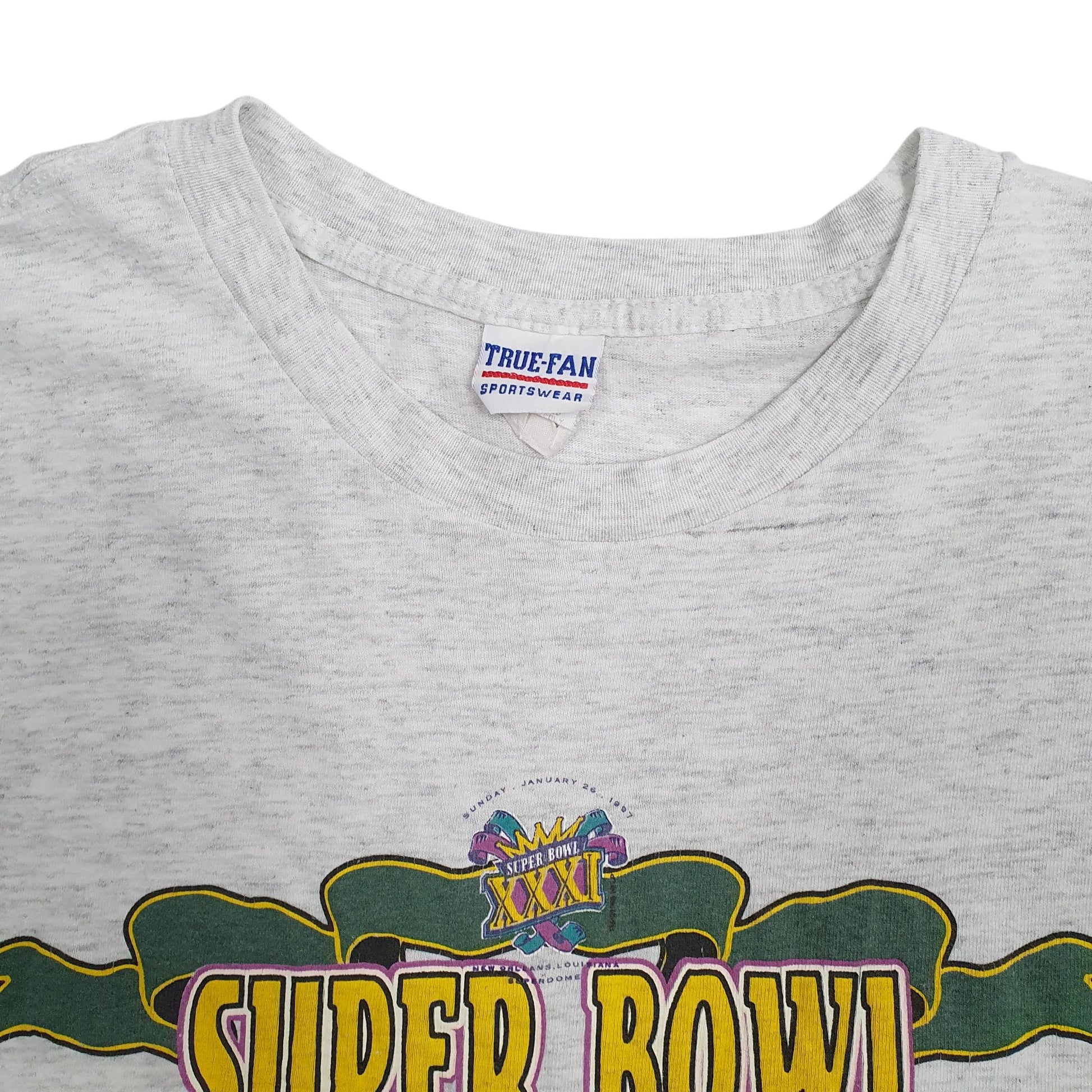 Mens Grey True Fan Single Stitch Vintage 90s Green Bay Packers NFL Superbowl  T Shirt