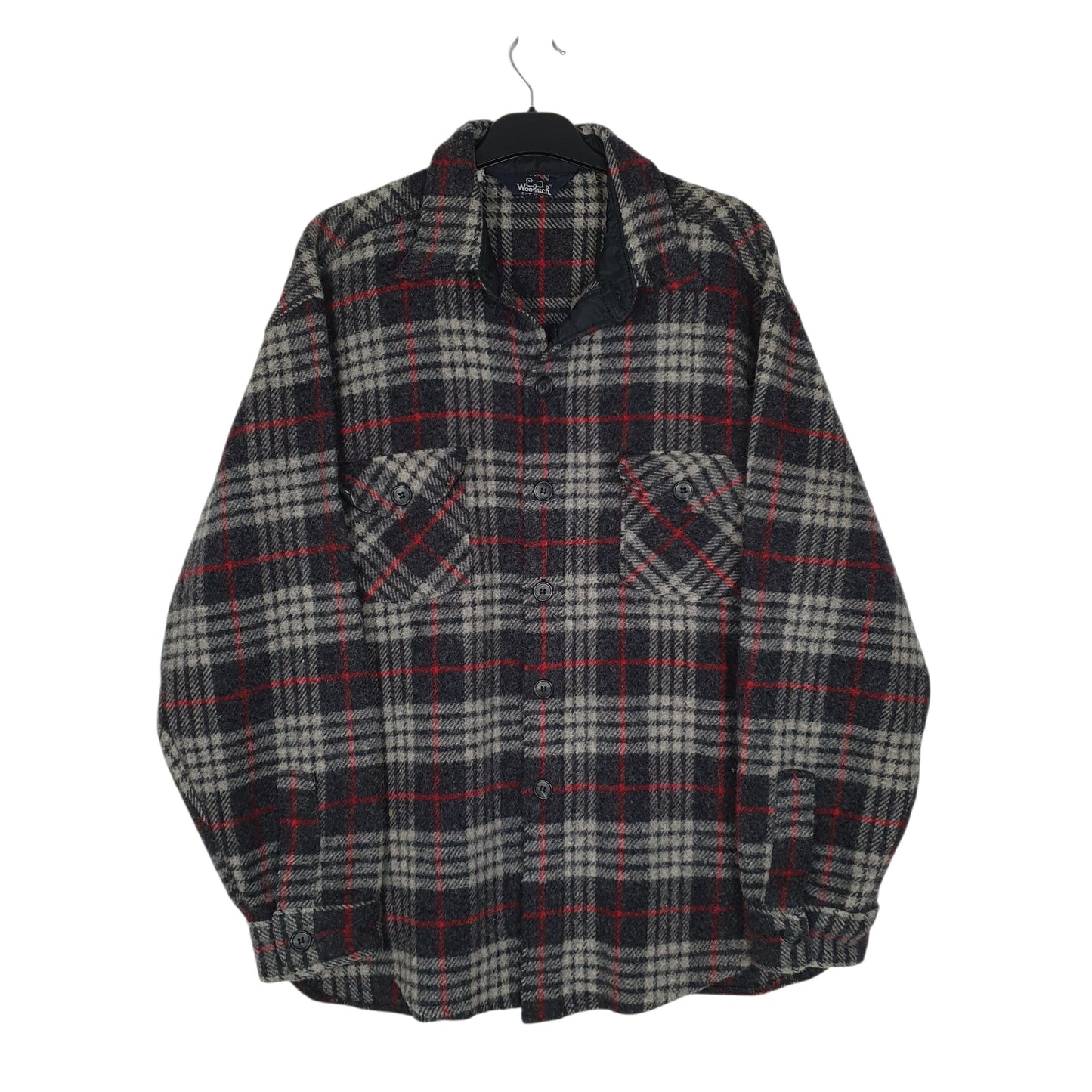 Mens Grey Woolrich Thick Flannel Plaid Shacket Long Sleeve Shirt