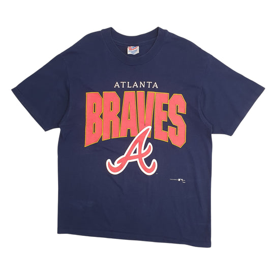 Mens Navy Hanes Single Stitch Vintage 90s MLB Atlanta Braves Short Sleeve T Shirt
