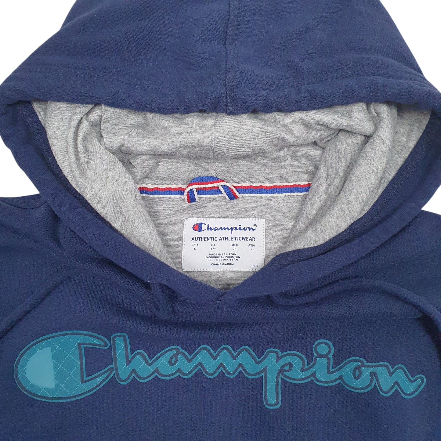 Mens Navy Champion Spellout Hoodie Jumper