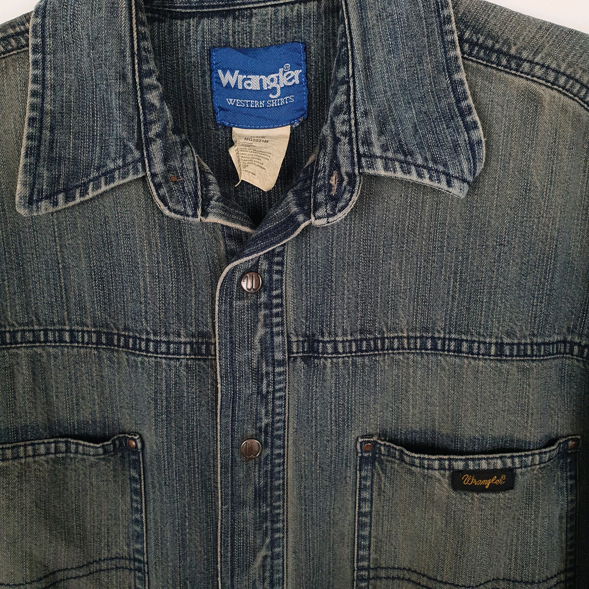 Mens Navy Wrangler Denim Snap Rodeo  Shirt