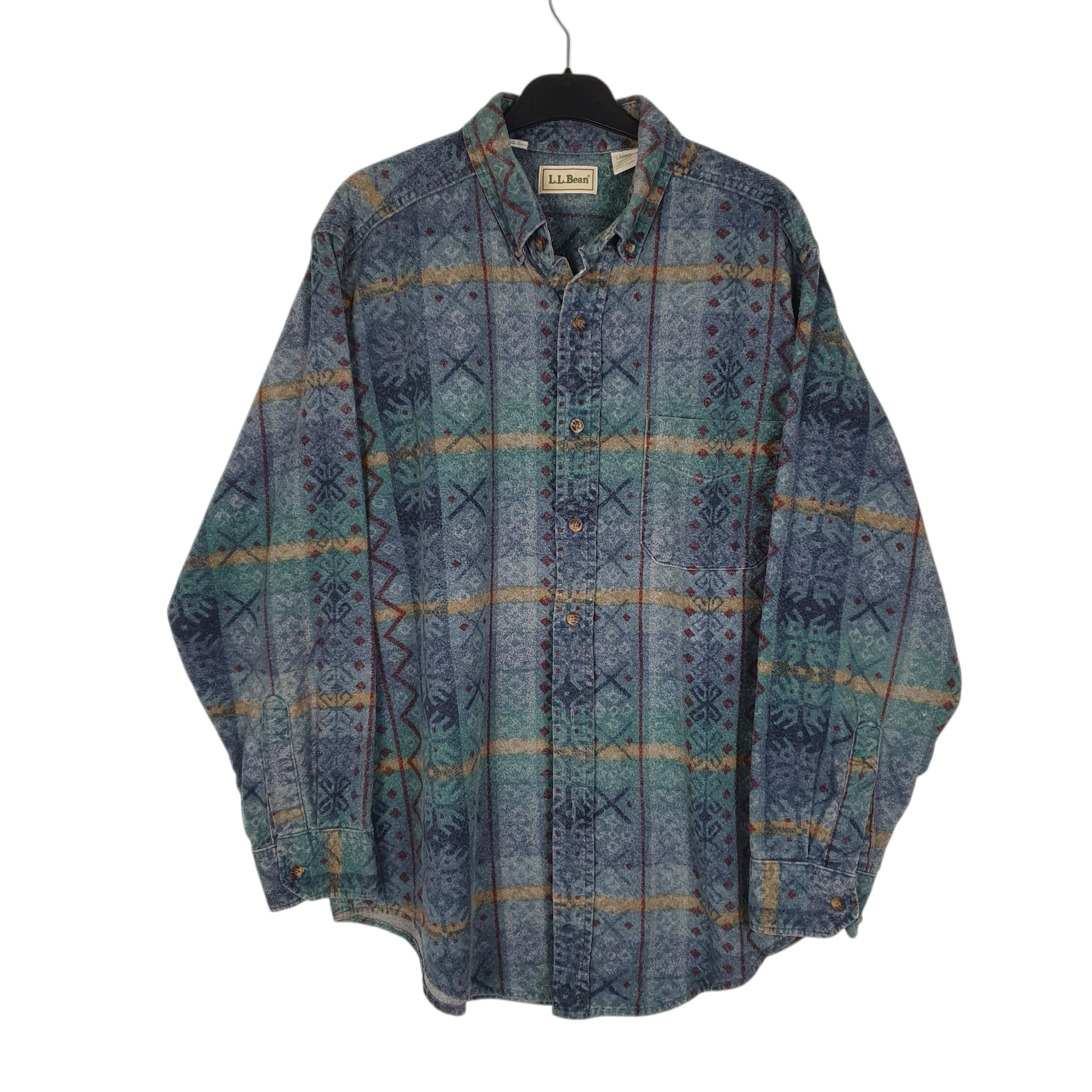 Mens Blue L.L.Bean Vintage 90s Made in USA Chamois Aztec Long Sleeve Shirt