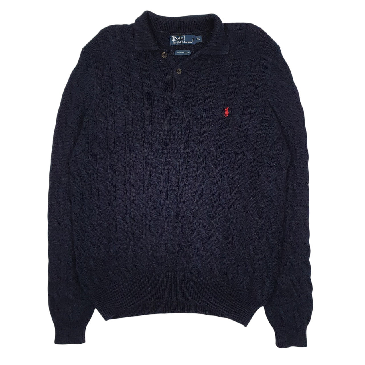 Mens Navy Polo Ralph Lauren Cable Knit Collared Crewneck Jumper