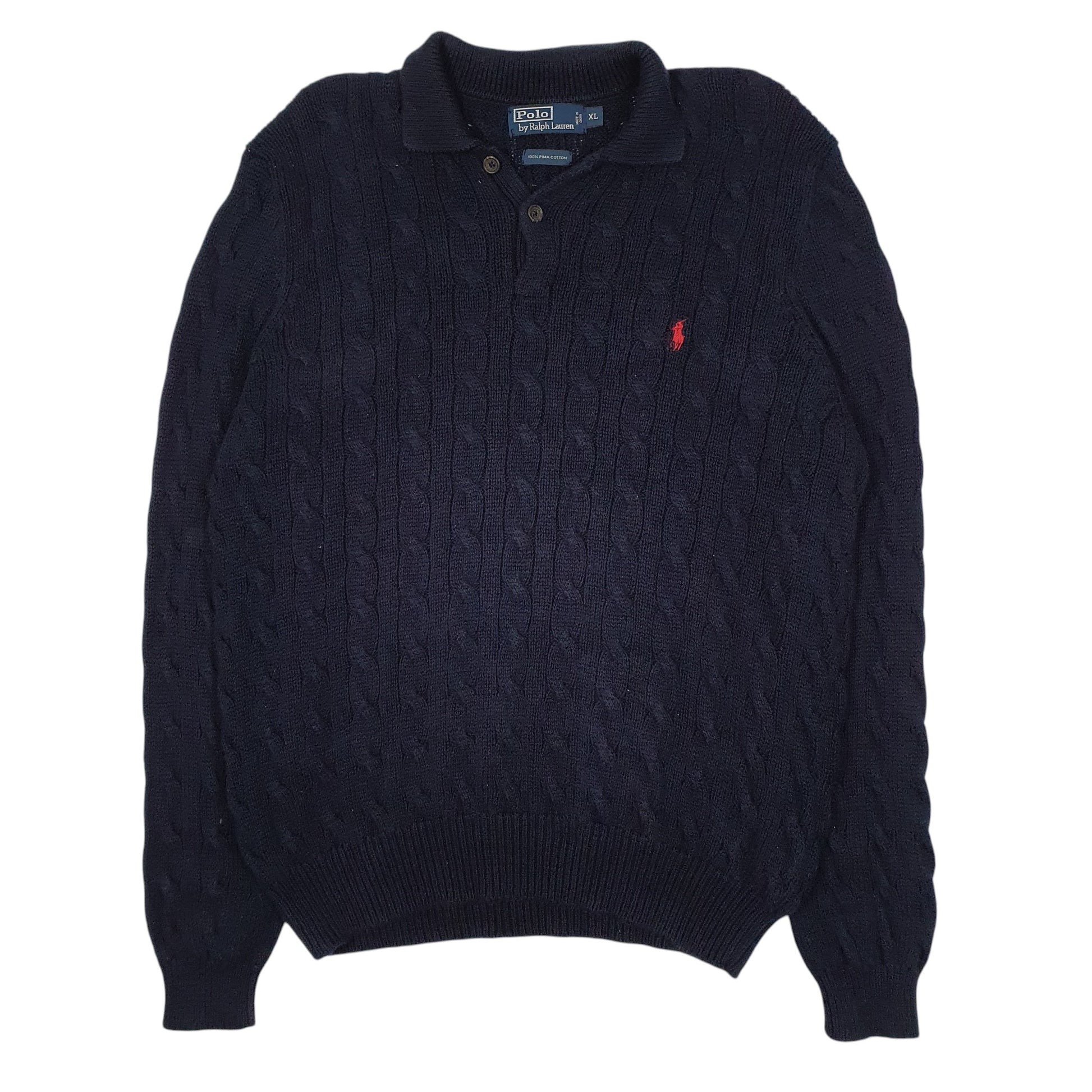 Mens Navy Polo Ralph Lauren Cable Knit Collared Crewneck Jumper