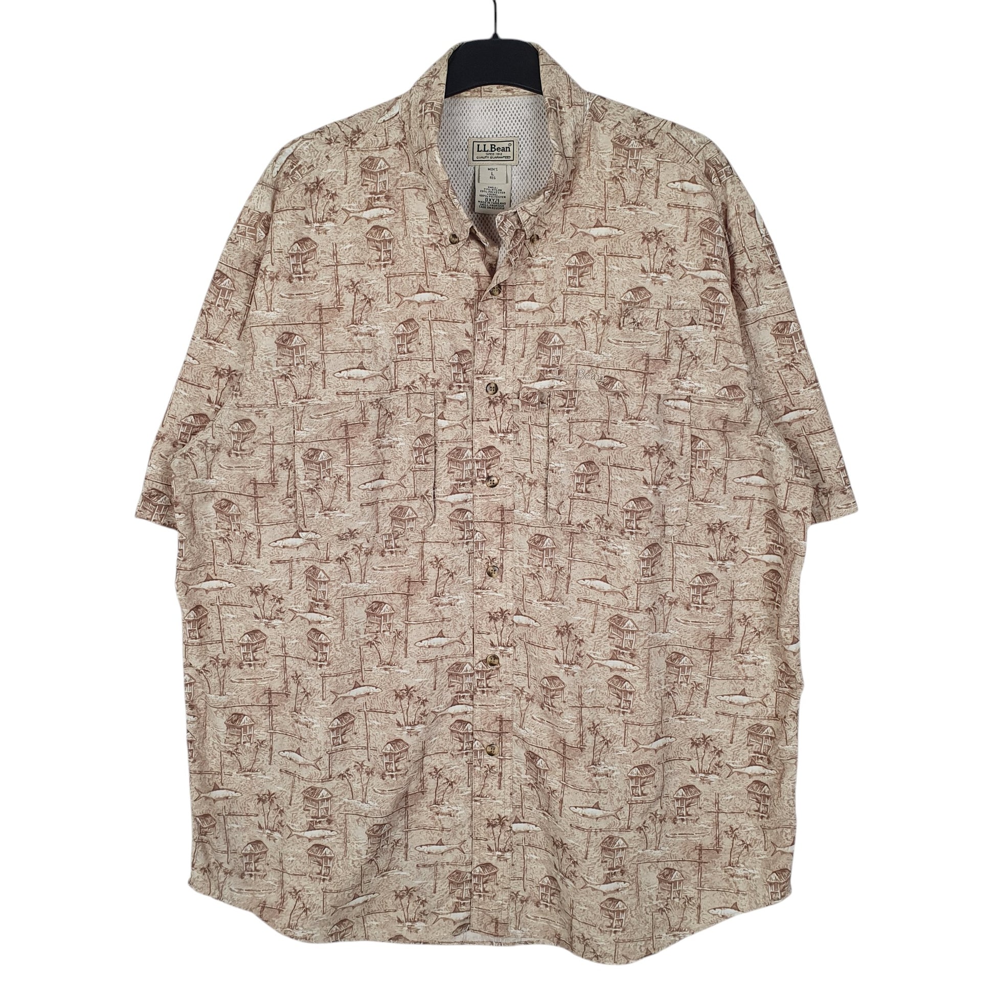 Mens Beige L.L.Bean Hunting Fishing Hiking Short Sleeve Shirt