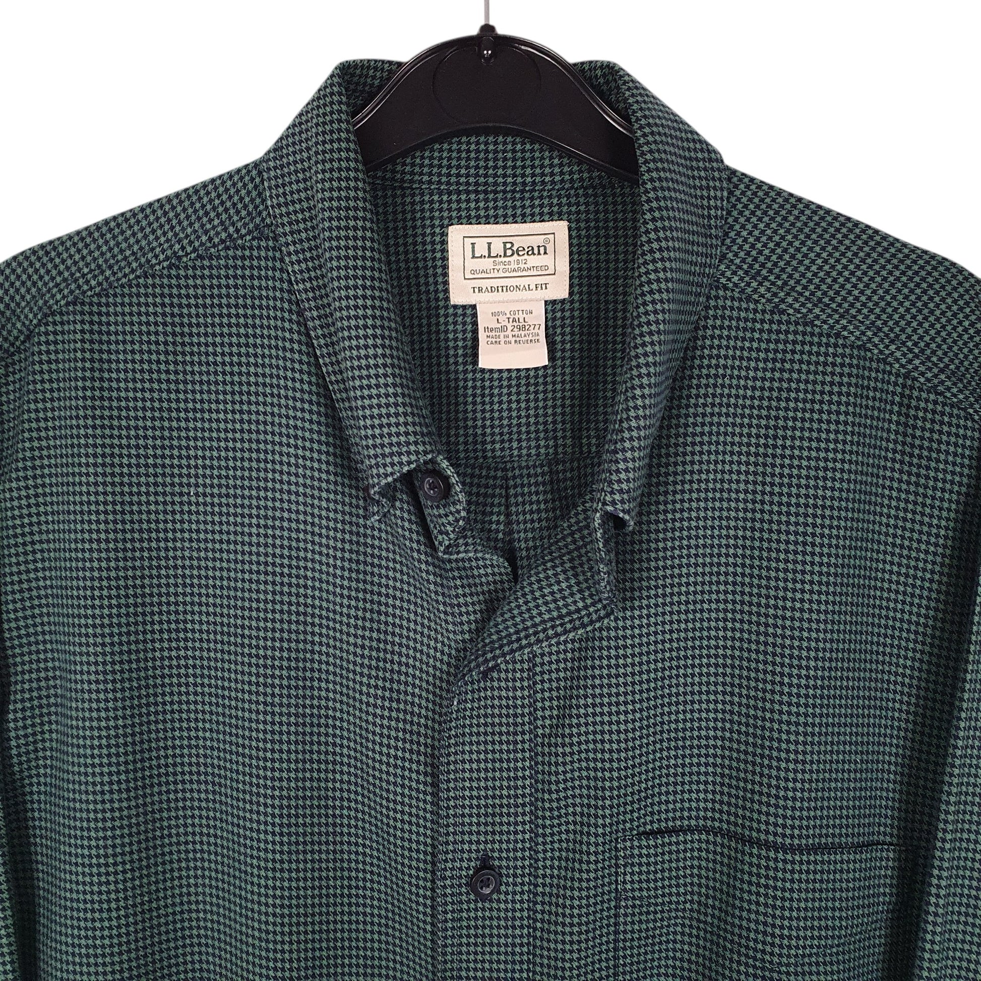 Mens Green L.L.Bean Thick Flannel Houndstooth  Shirt