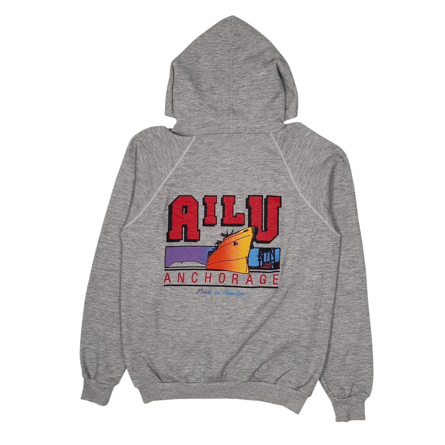 Mens Grey Hanes Vintage 1980s Made In USA Anchorage Alaska Hoodie Jumper