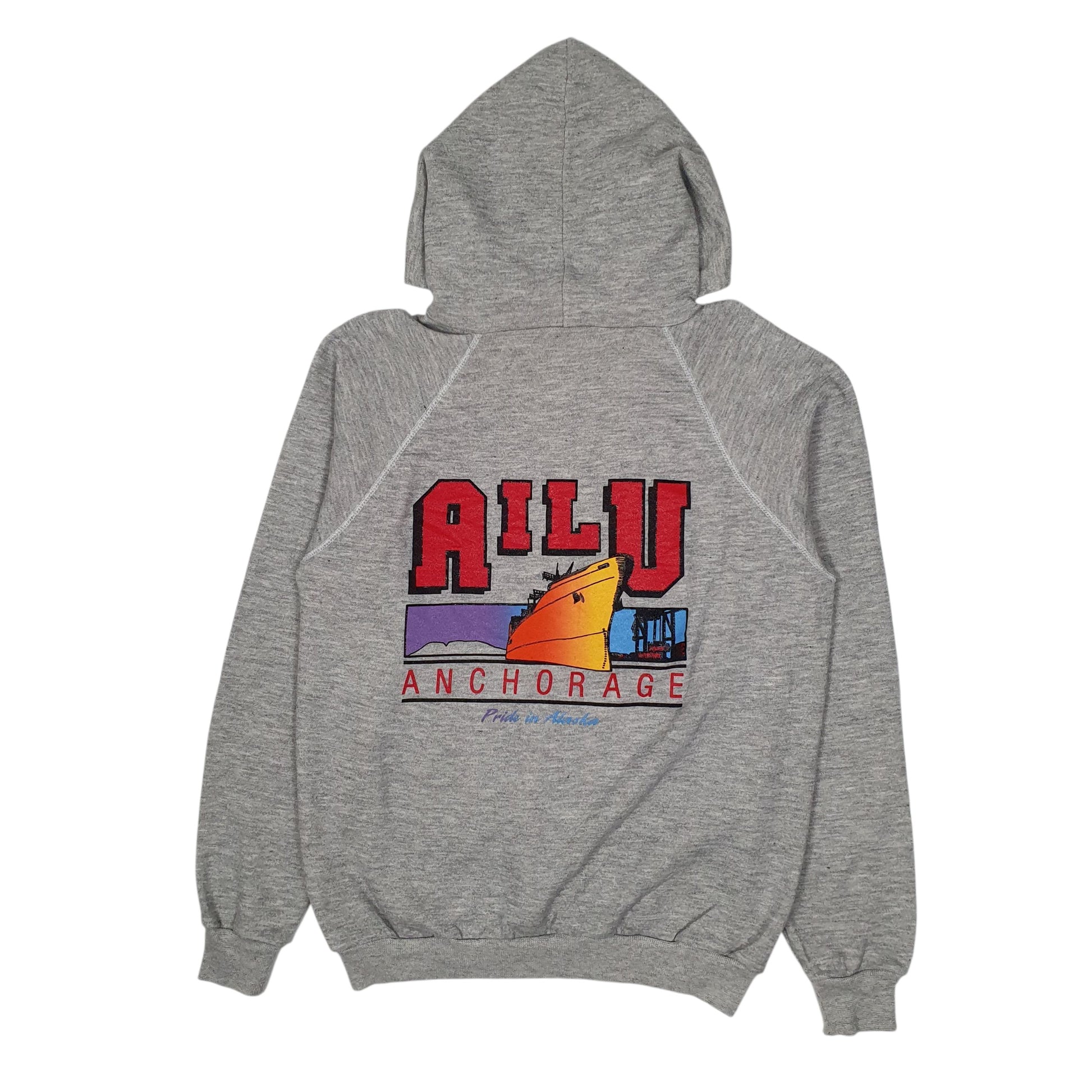 Mens Grey Hanes Vintage 1980s Made In USA Anchorage Alaska Hoodie Jumper