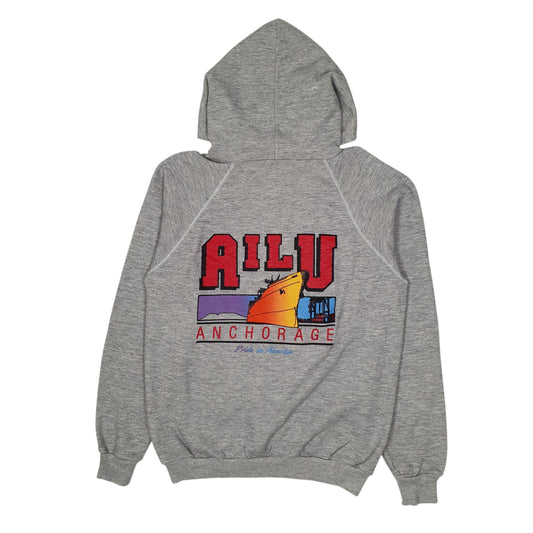 Mens Grey Hanes Vintage 1980s Made In USA Anchorage Alaska Hoodie Jumper