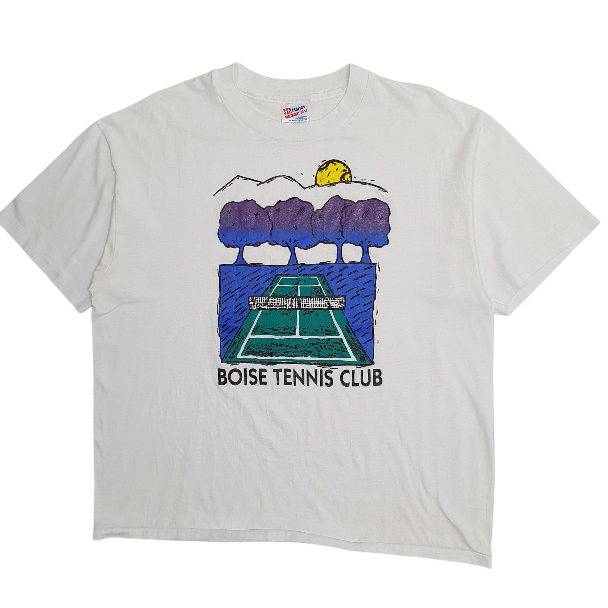Mens White Hanes Single Stitch Vintage 90s Boise Tennis Club Short Sleeve T Shirt