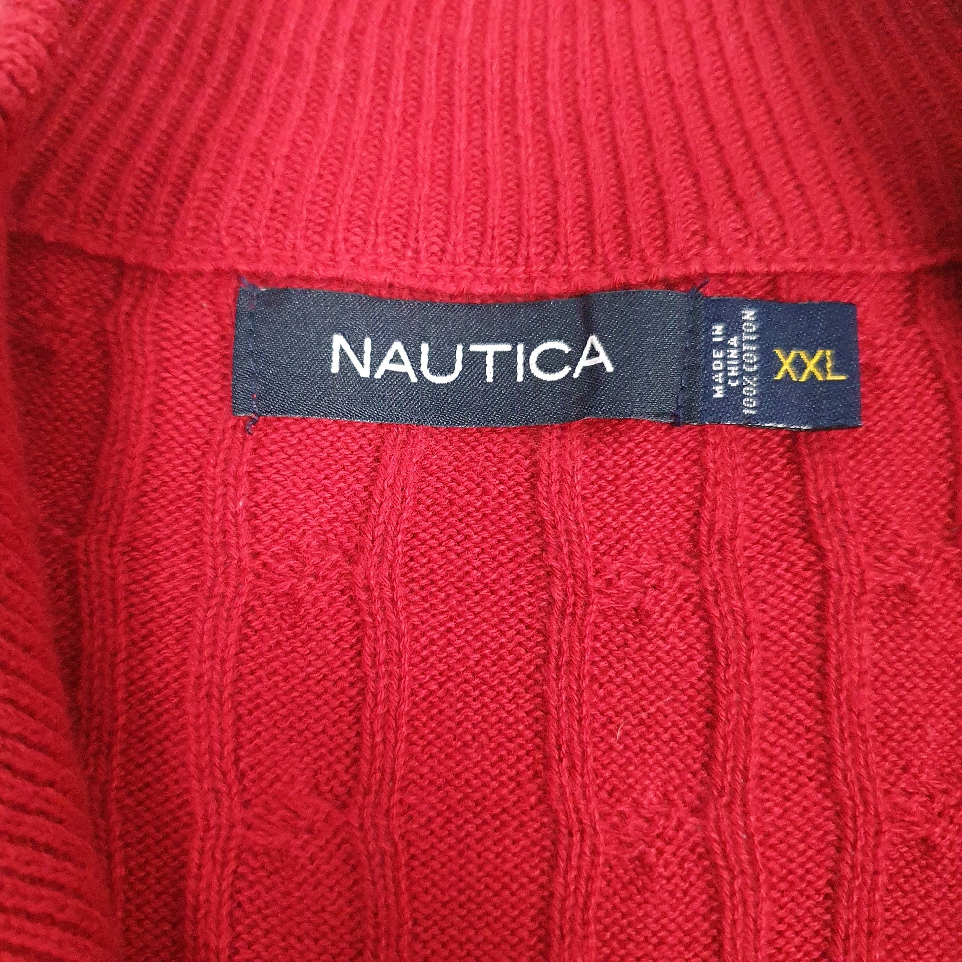 Mens Red Nautica Cable Knit Quarter Zip Jumper