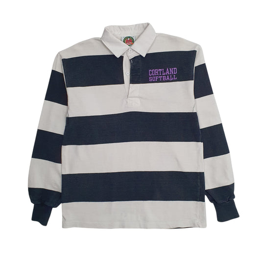 Mens White Barbarian Softball Rugby Long Sleeve Polo Shirt