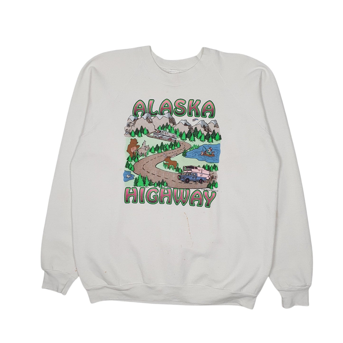 Mens White Fruit Of The Loom Vintage 90s 1992 Alaska Highway Crewneck Jumper