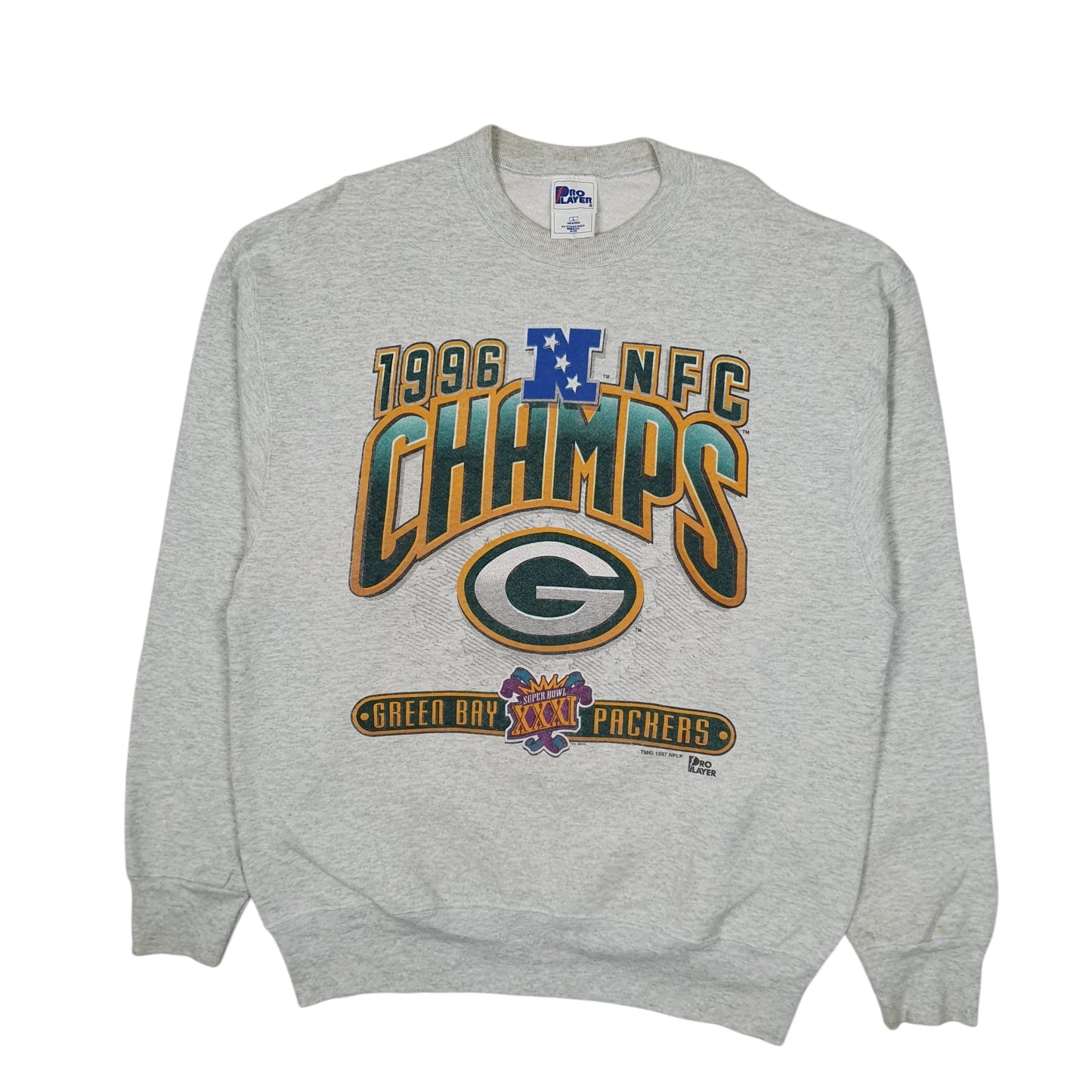 Mens Grey Pro Player Vintage 90s Superbowl Champions 1996 Green Bay Packers Crewneck Jumper
