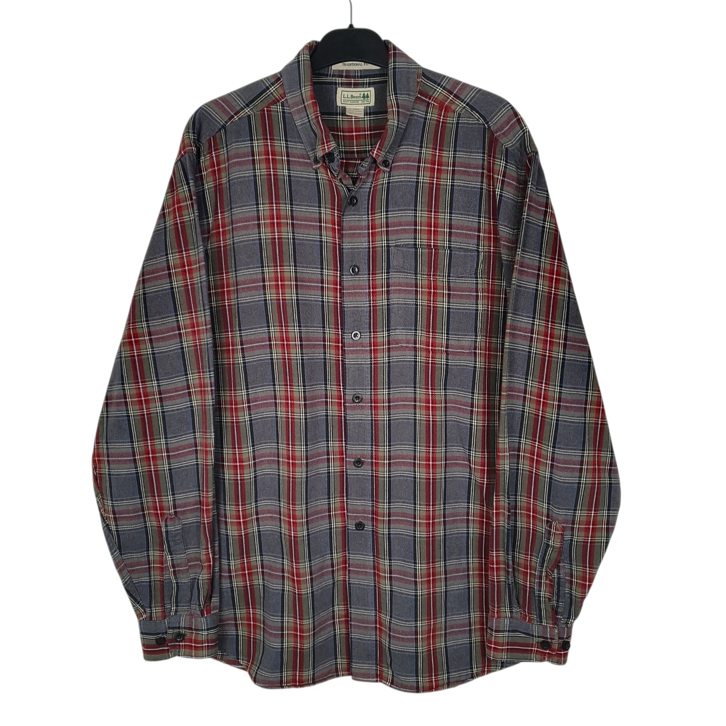 Mens Grey L.L.Bean Thick Flannel Plaid Long Sleeve Shirt