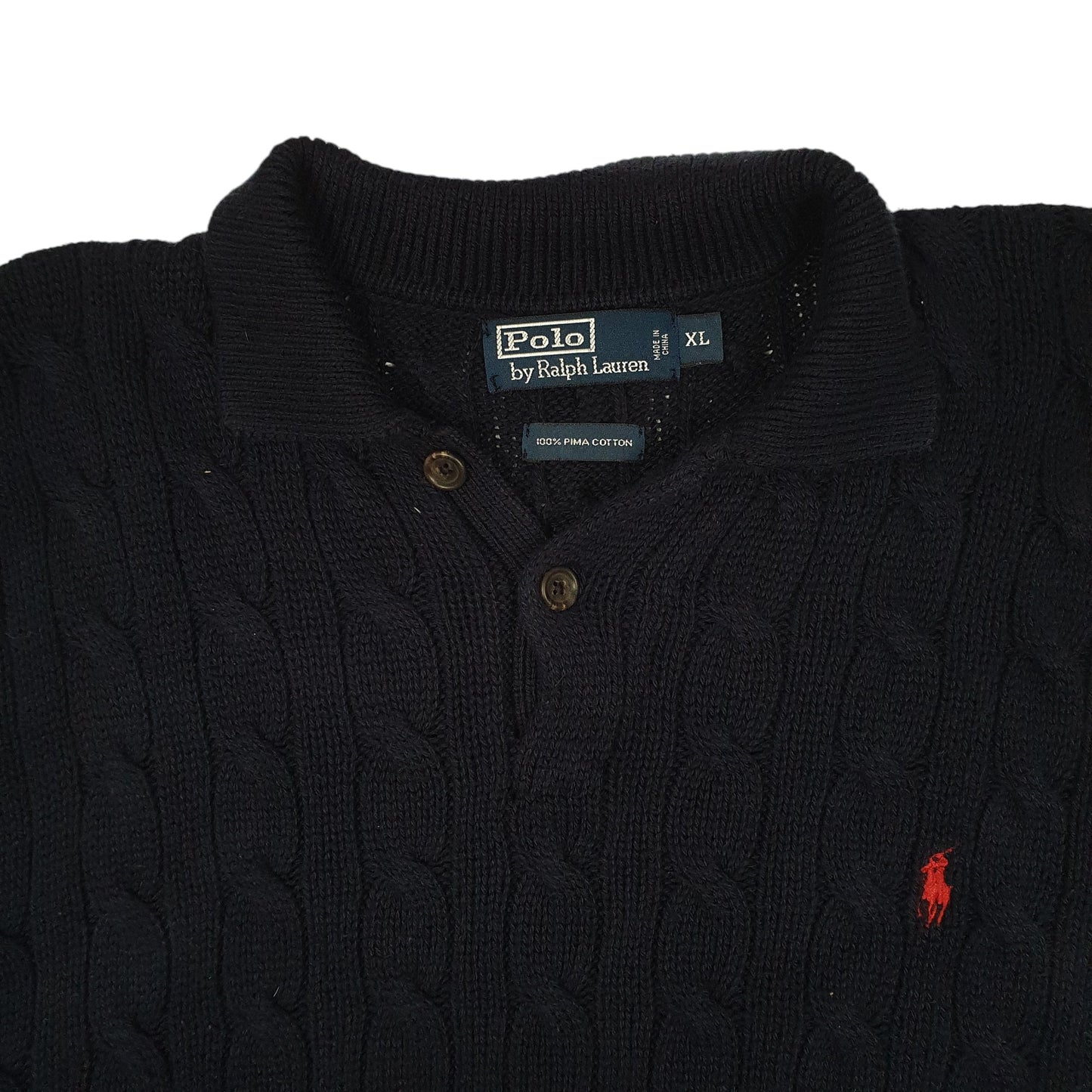 Mens Navy Polo Ralph Lauren Cable Knit Collared Crewneck Jumper
