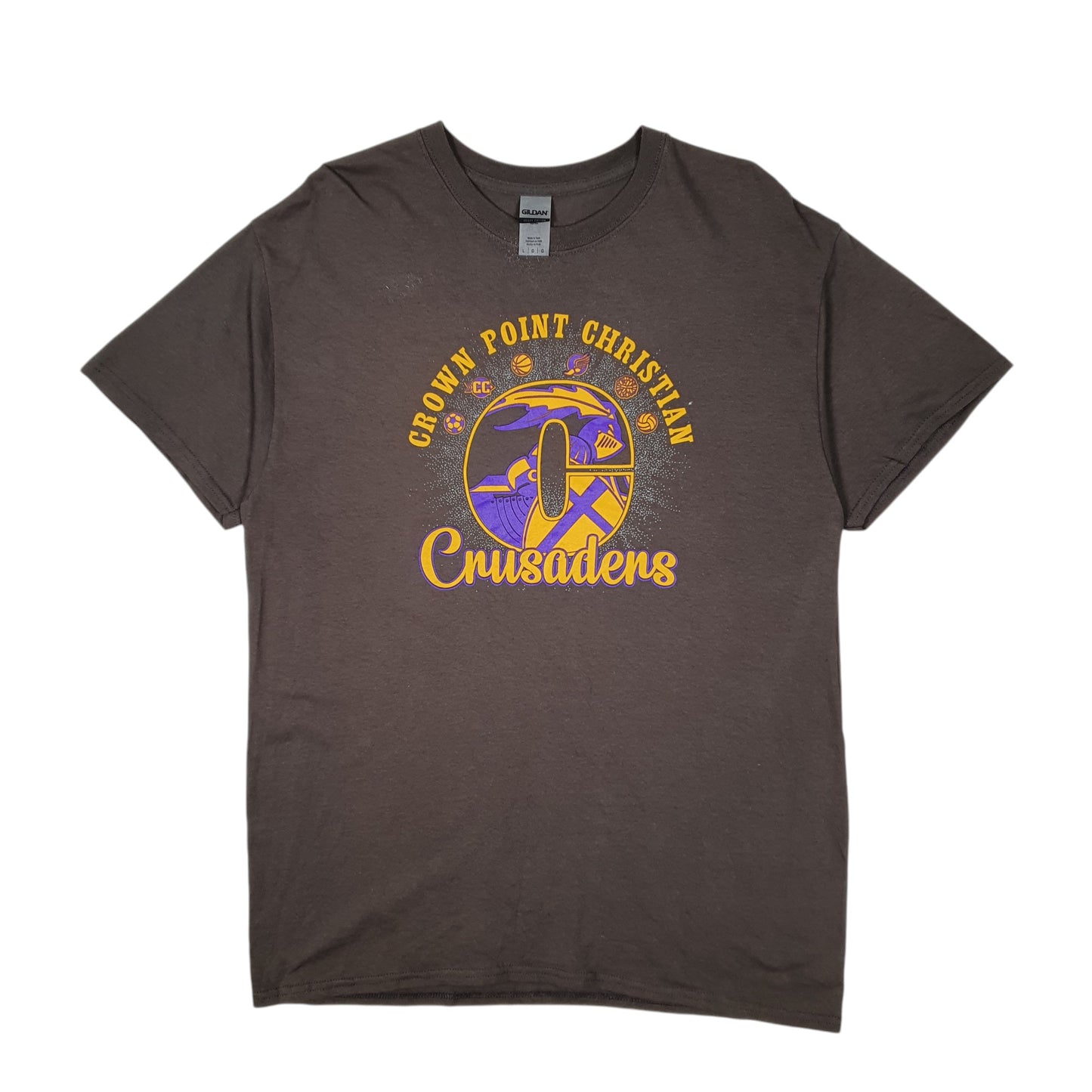 Mens Brown Gildan Crown Point Christian Crusaders Short Sleeve T Shirt