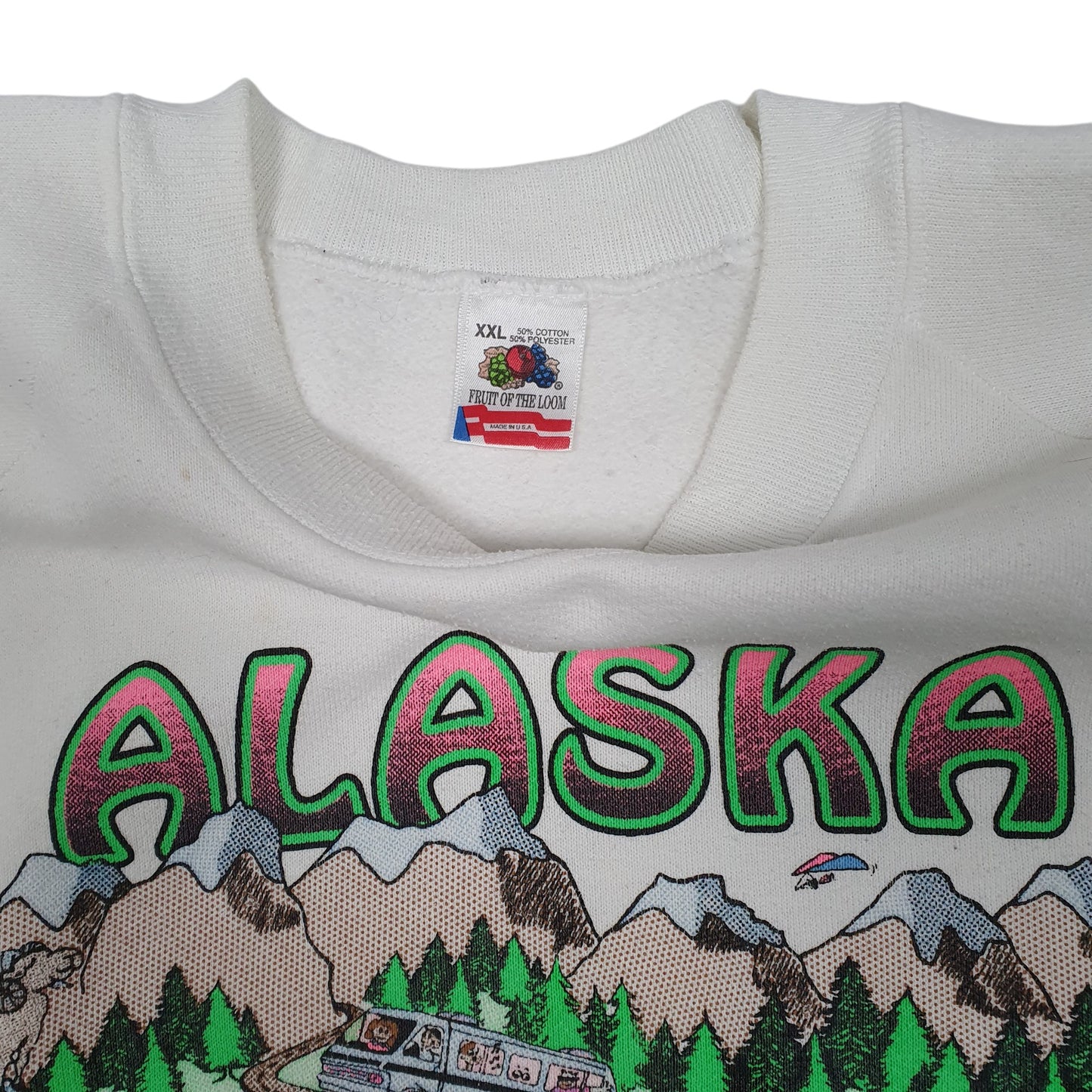 Mens White Fruit Of The Loom Vintage 90s 1992 Alaska Highway Crewneck Jumper