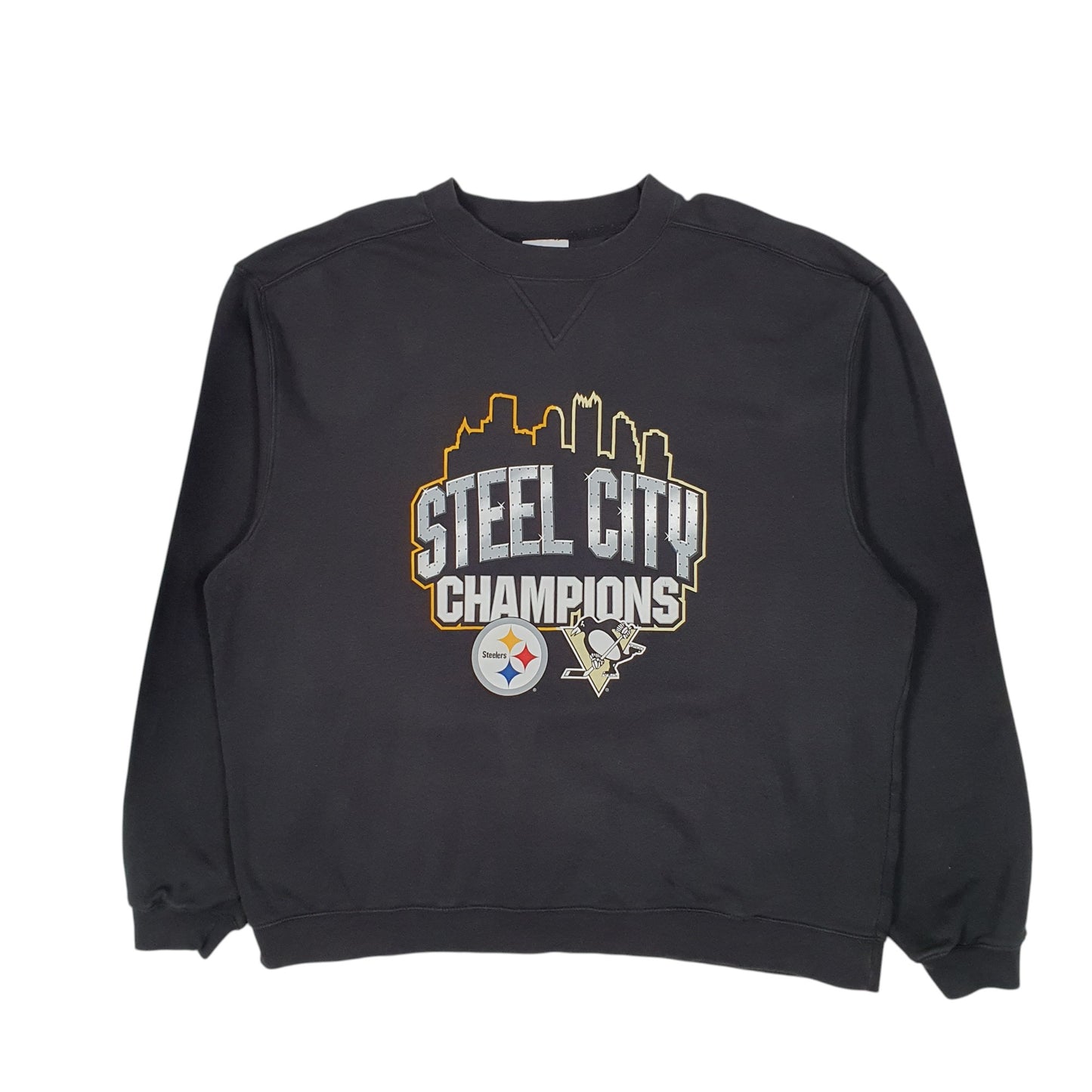 Mens Black Reebok Pittsburgh Steelers Penguins NFL NHL Crewneck Jumper