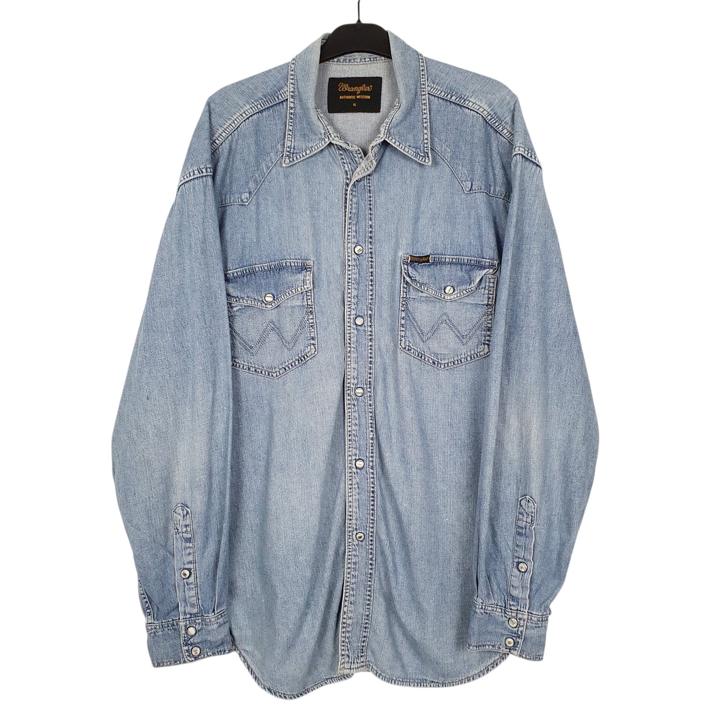 Mens Blue Wrangler Denim Pearl Snap Rodeo Long Sleeve Shirt