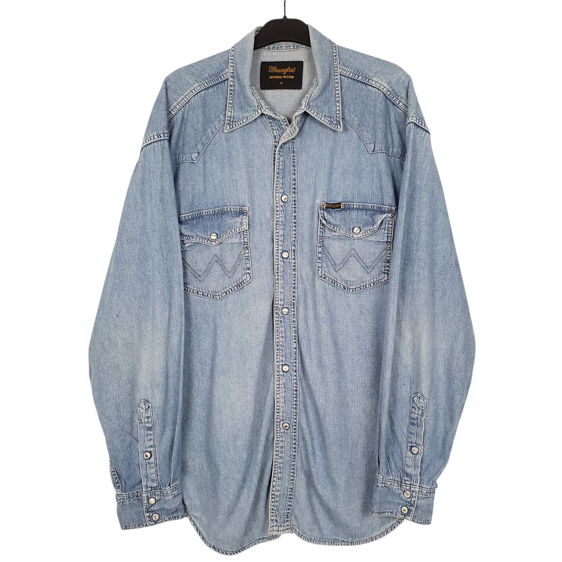 Mens Blue Wrangler Denim Pearl Snap Rodeo Long Sleeve Shirt