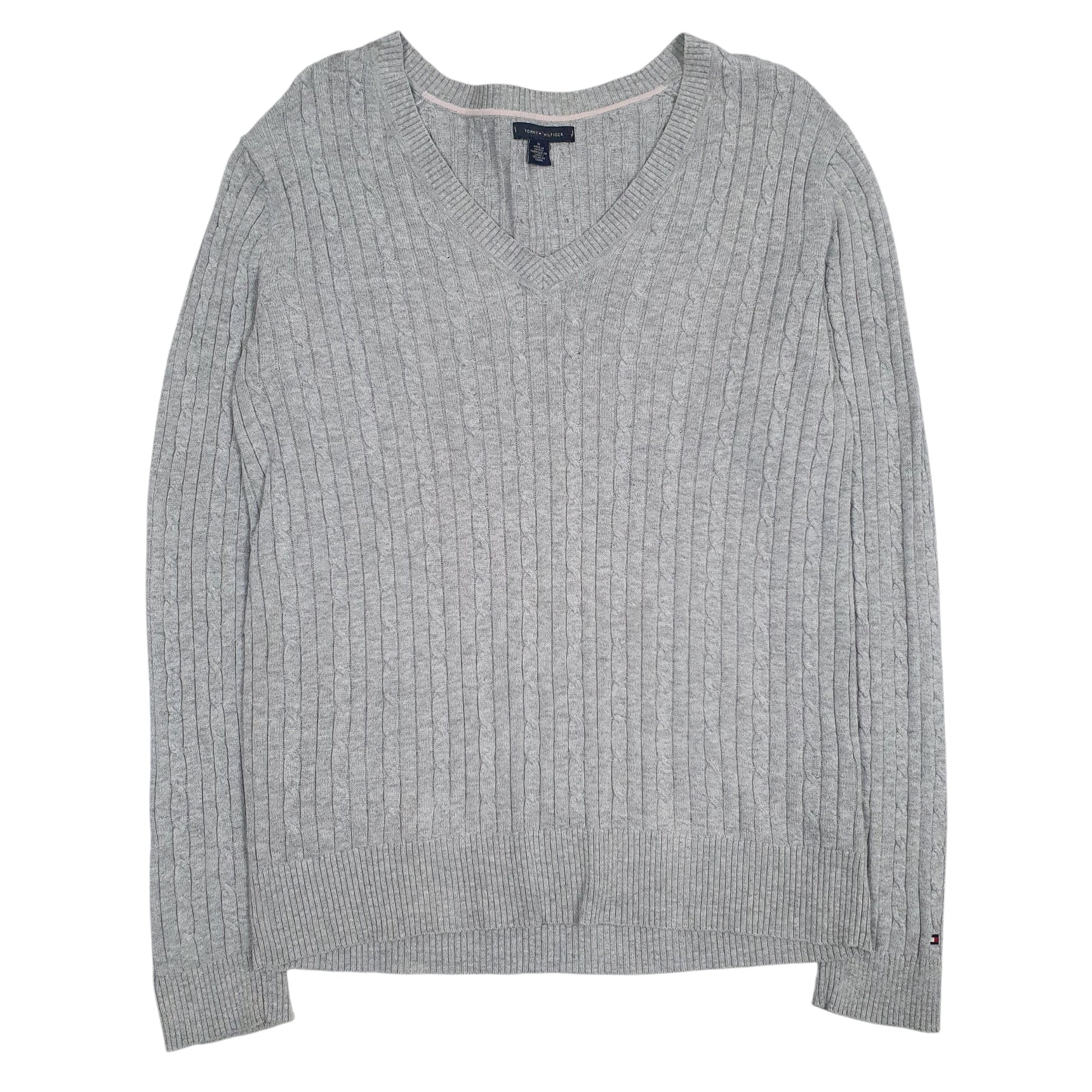 Womens Grey Tommy Hilfiger Cable Knit Knitwear V Neck Jumper