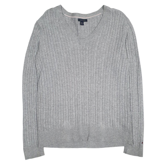 Womens Grey Tommy Hilfiger Cable Knit Knitwear V Neck Jumper