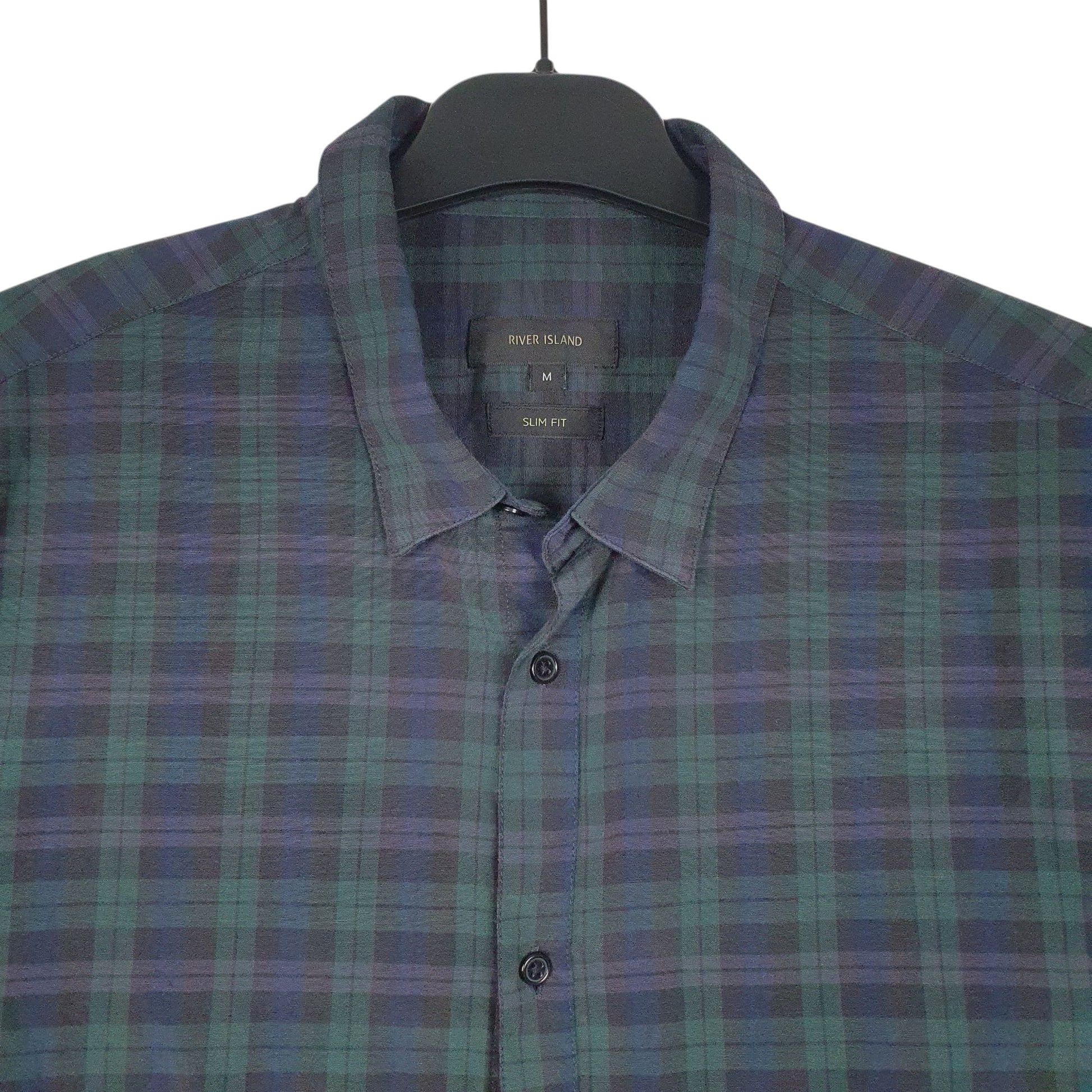 RIVER ISLAND Green Gingham Shirt Slim Fit Short Sleeve Casual Cotton Blend Mens M